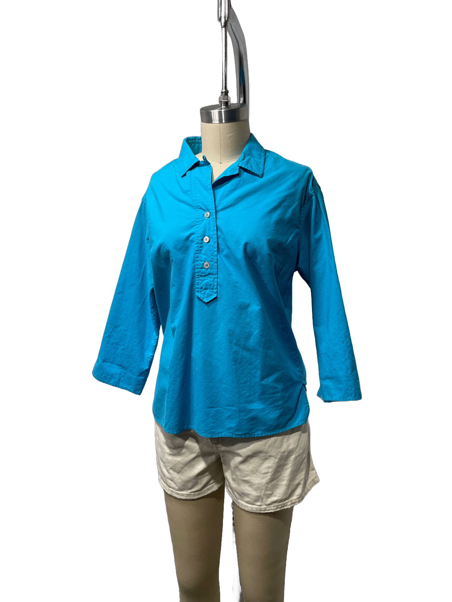 1960s Cerulean Cotton Half-Placket Half-Sleeve Blouse