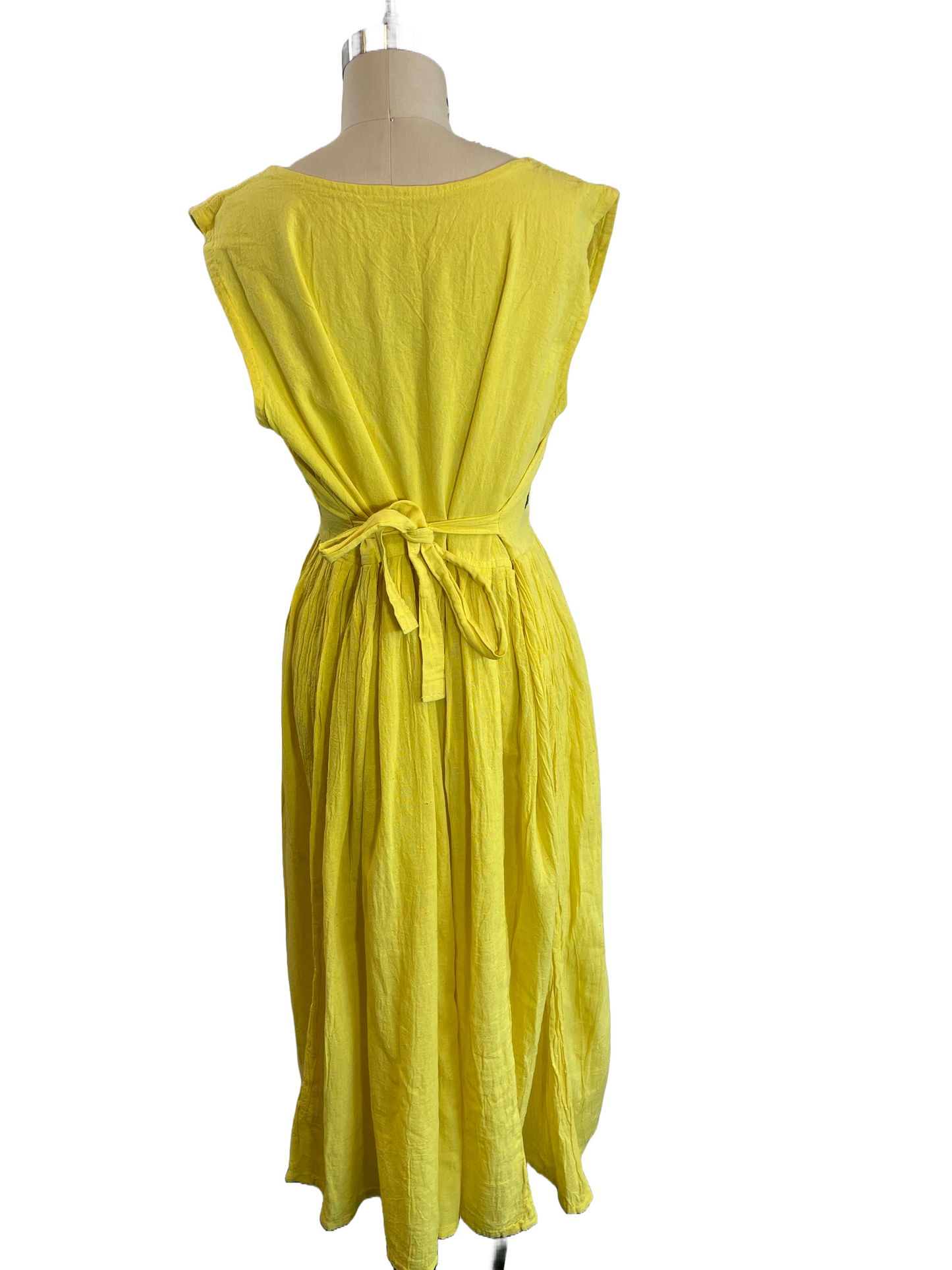 1980s Yellow Embroidered Cotton Gauze Tie-Back Maxi Dress