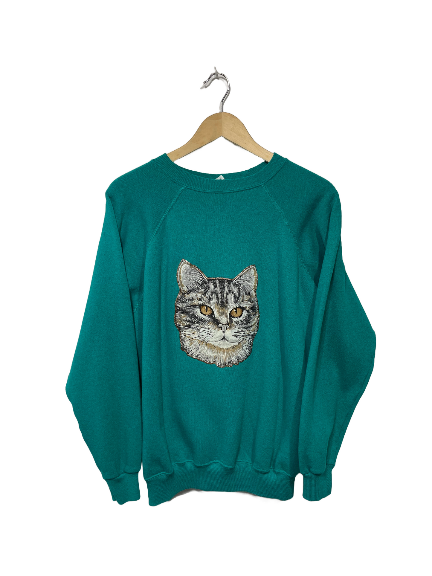 1990s Turquoise Cat Appliqué Double-Sided Sweatshirt