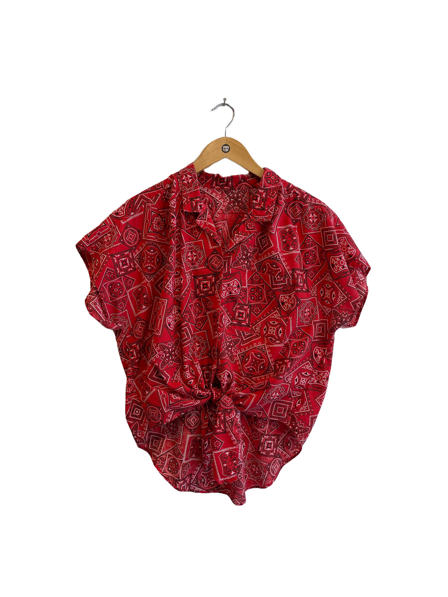 1980s Red Bandanna Print Tie Blouse