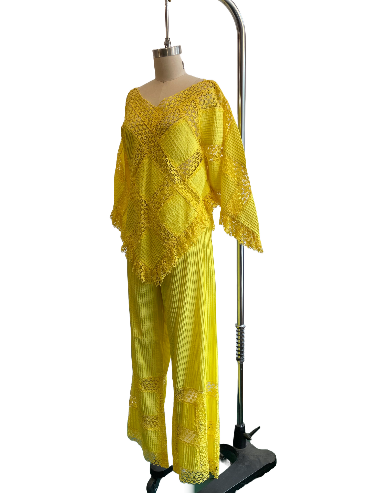 1960s Yellow Cotton Pintuck Crochet Panels 2 Piece Poncho Pants Set