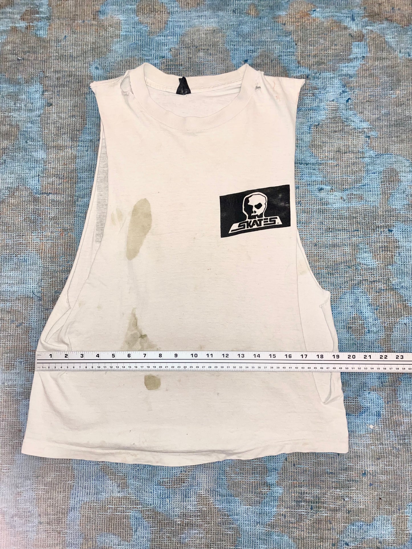 Skull Skates Skate Deck Brand ca. 1980s White Double Sided Cut-off Vintage T-Shirt