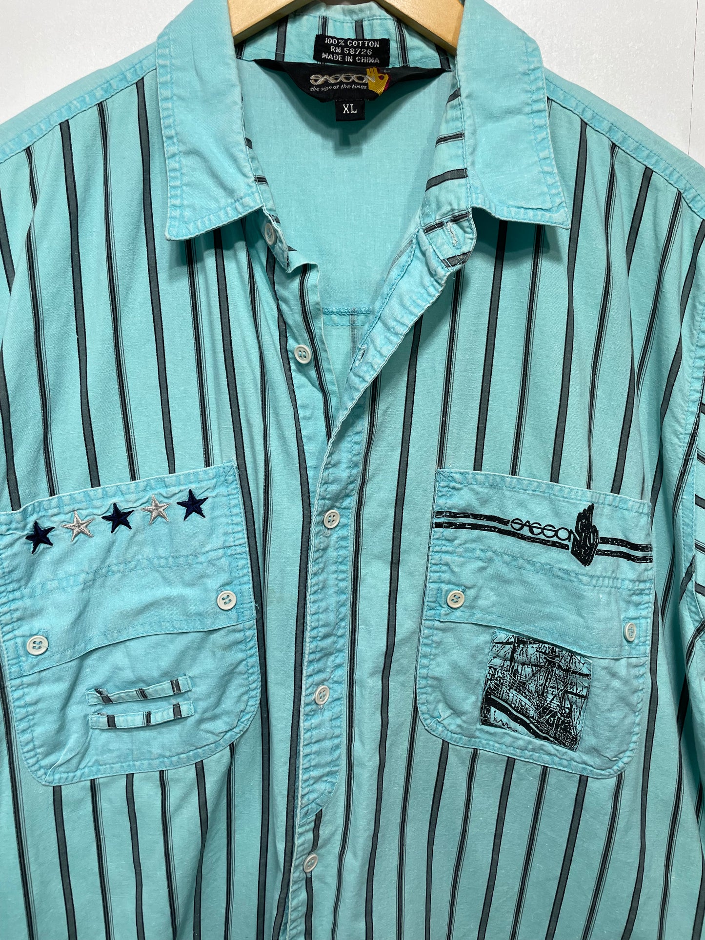 1980s Aqua Grey Vertical Stripe Cotton Pocket Detail Boxy Sasson Shirt