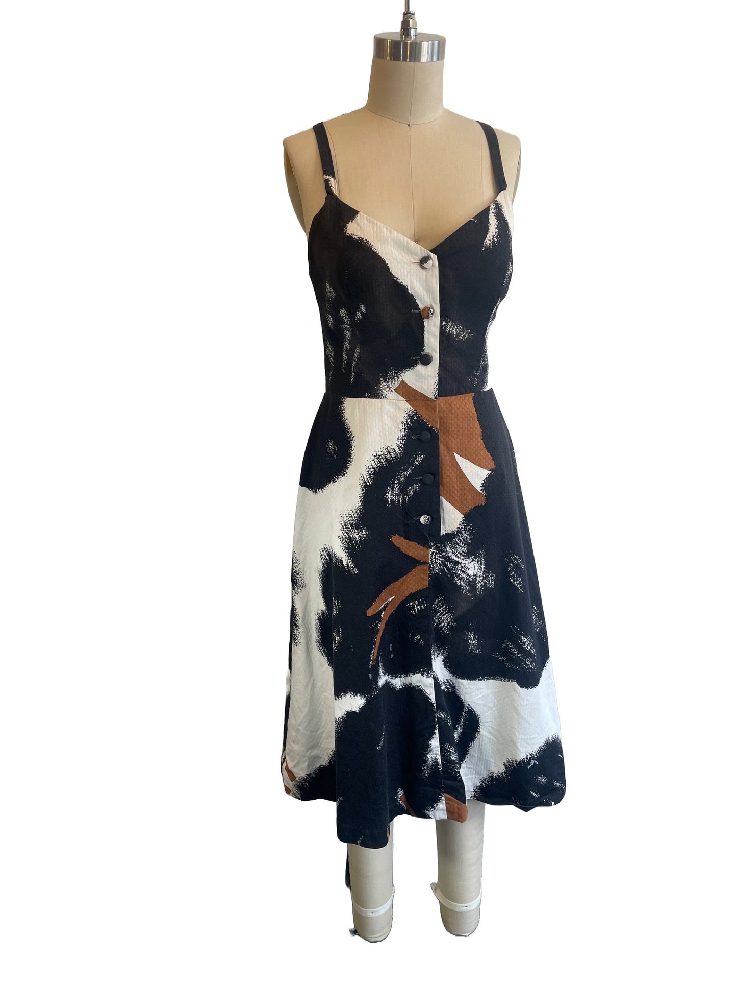 1970s Black White Brown Cross Back 'Malia' Mini Dress