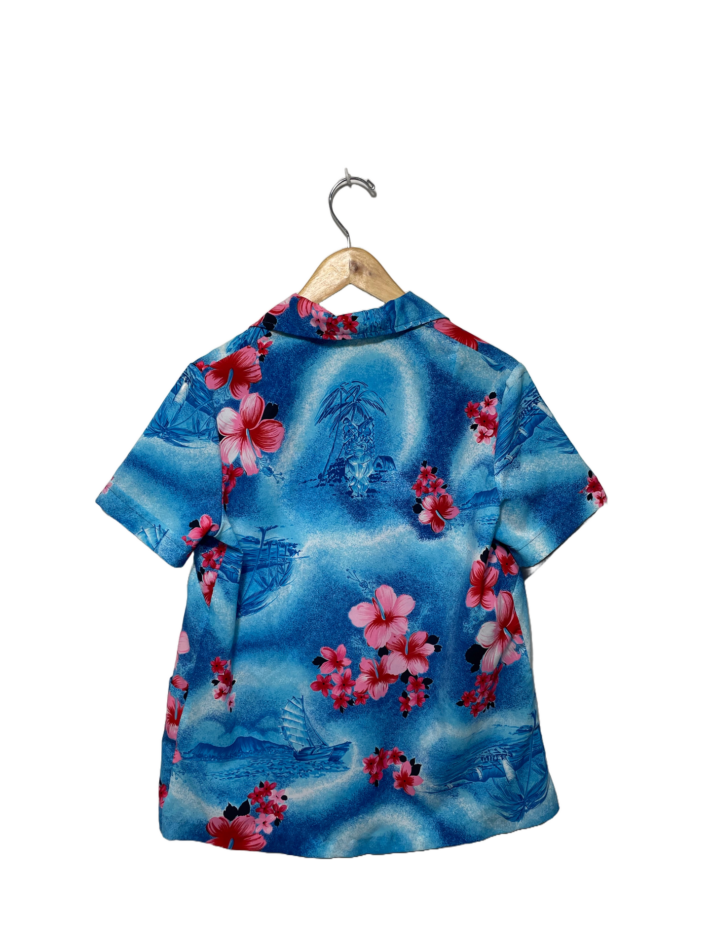 1970s Blue Hawaiian Floral Poly Pocket Hem Blouse