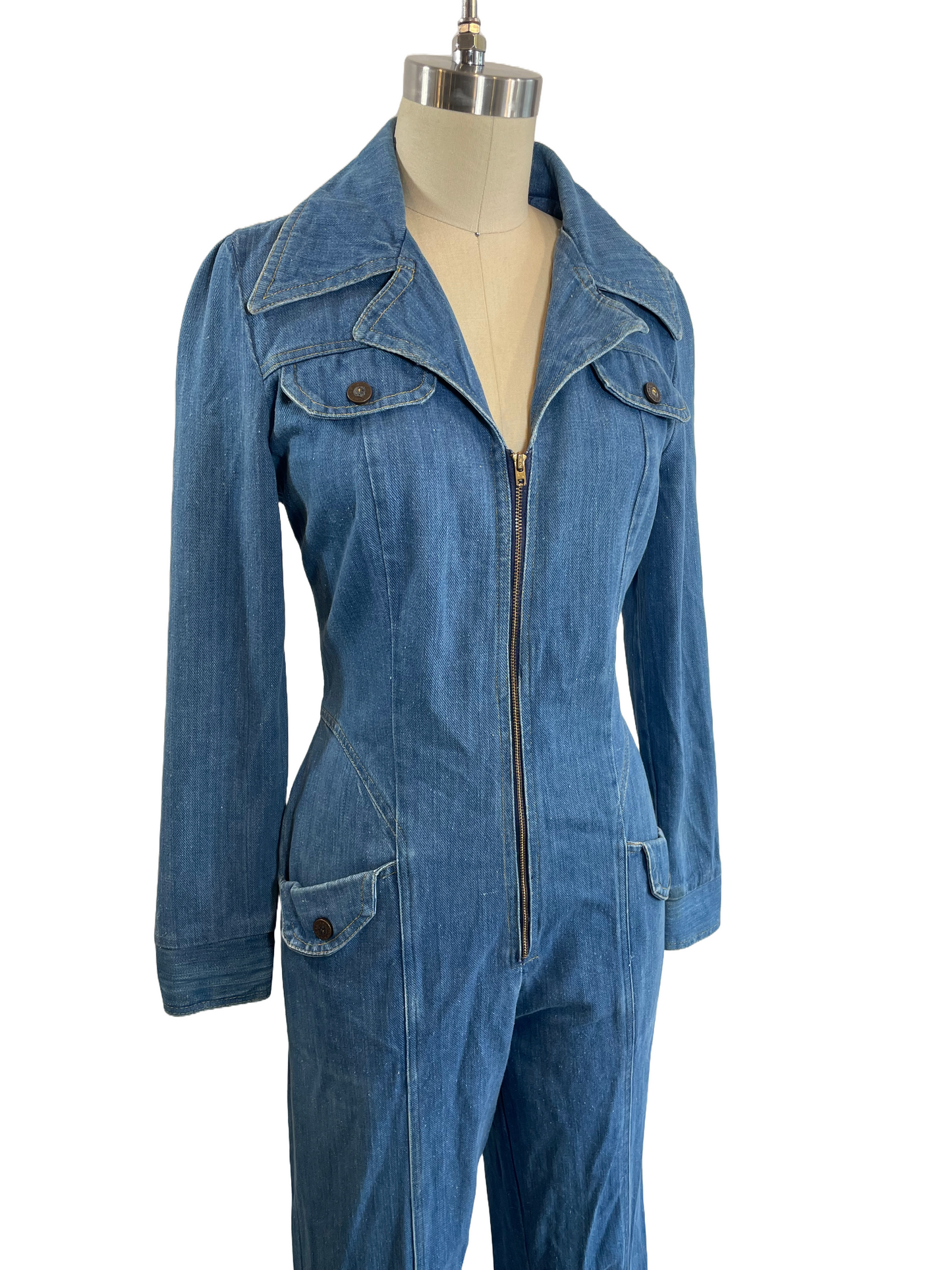 1970s Medium Wash Bicentennial Button O-Ring Denim Jumpsuit
