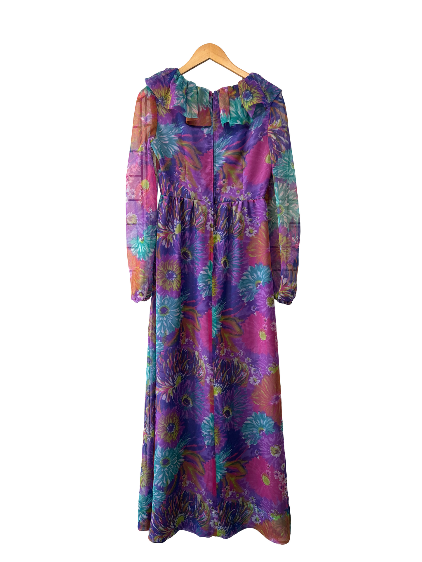 1970s Purple Bold Colorful Floral Ruffle Collar Maxi Gown