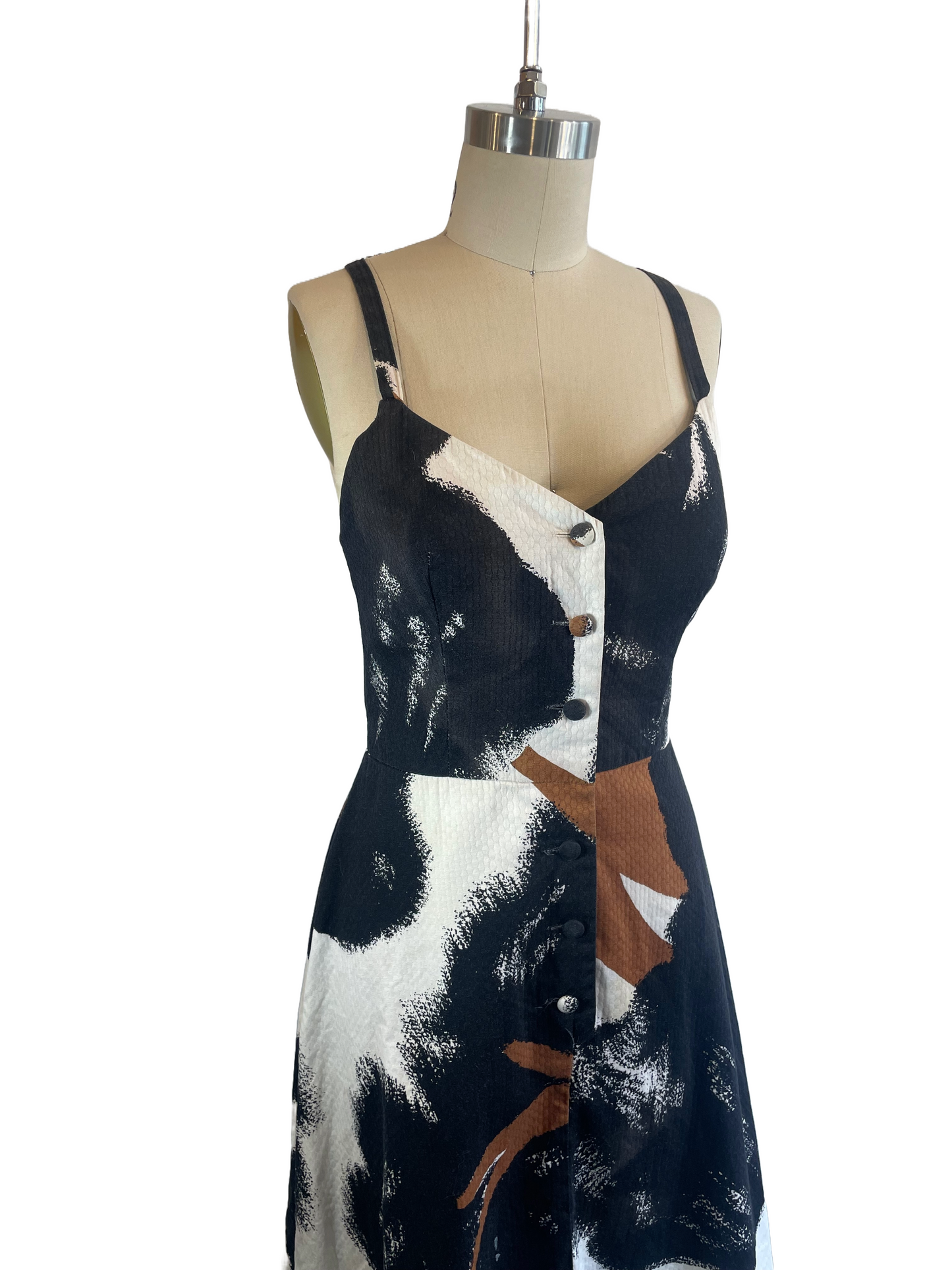 1970s Black White Brown Cross Back 'Malia' Mini Dress