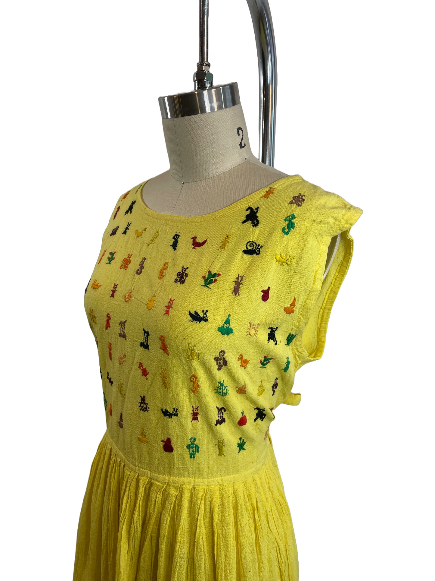 1980s Yellow Embroidered Cotton Gauze Tie-Back Maxi Dress