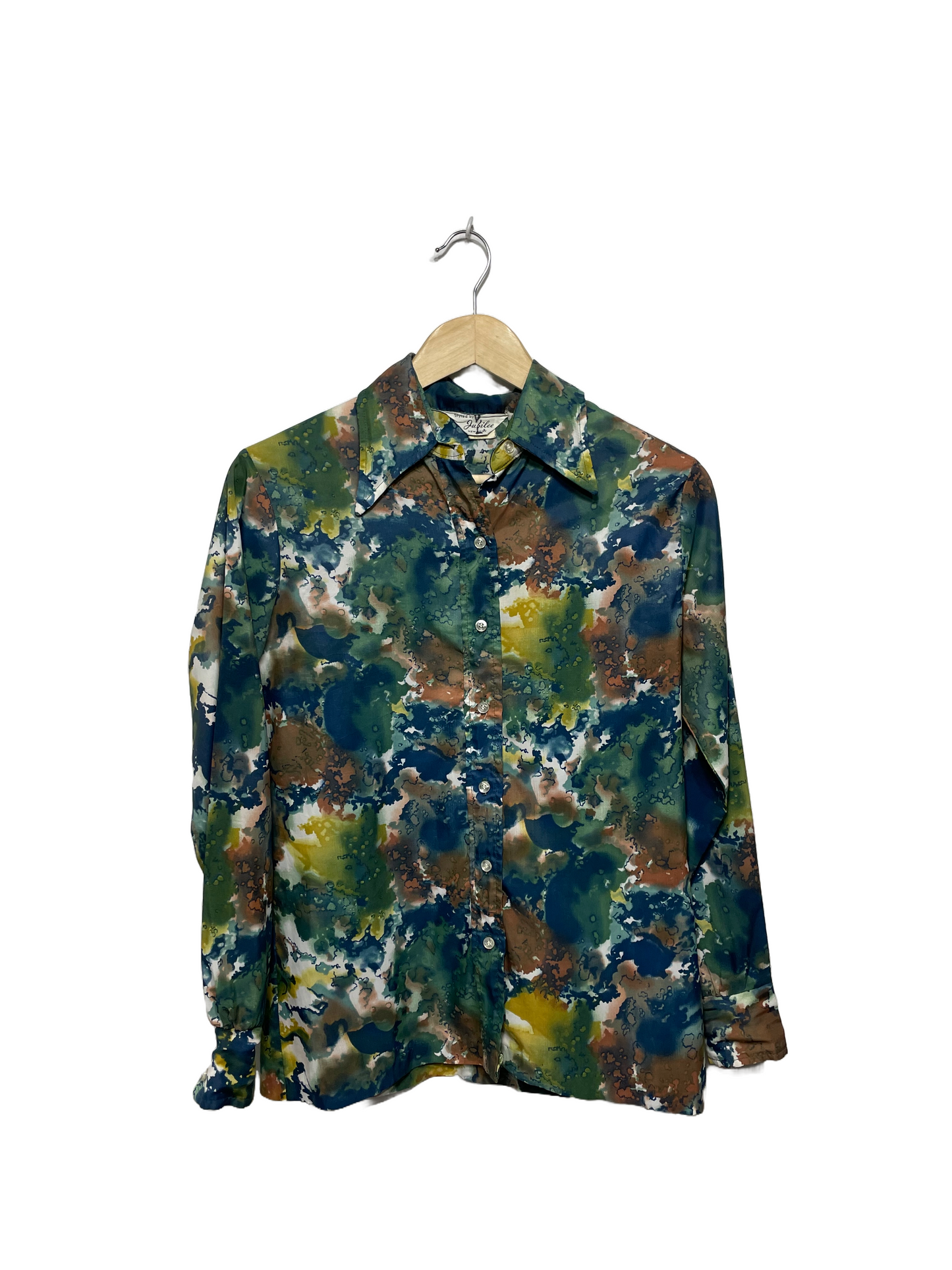 1970s Watercolor Print Poly Long Sleeve Shirt