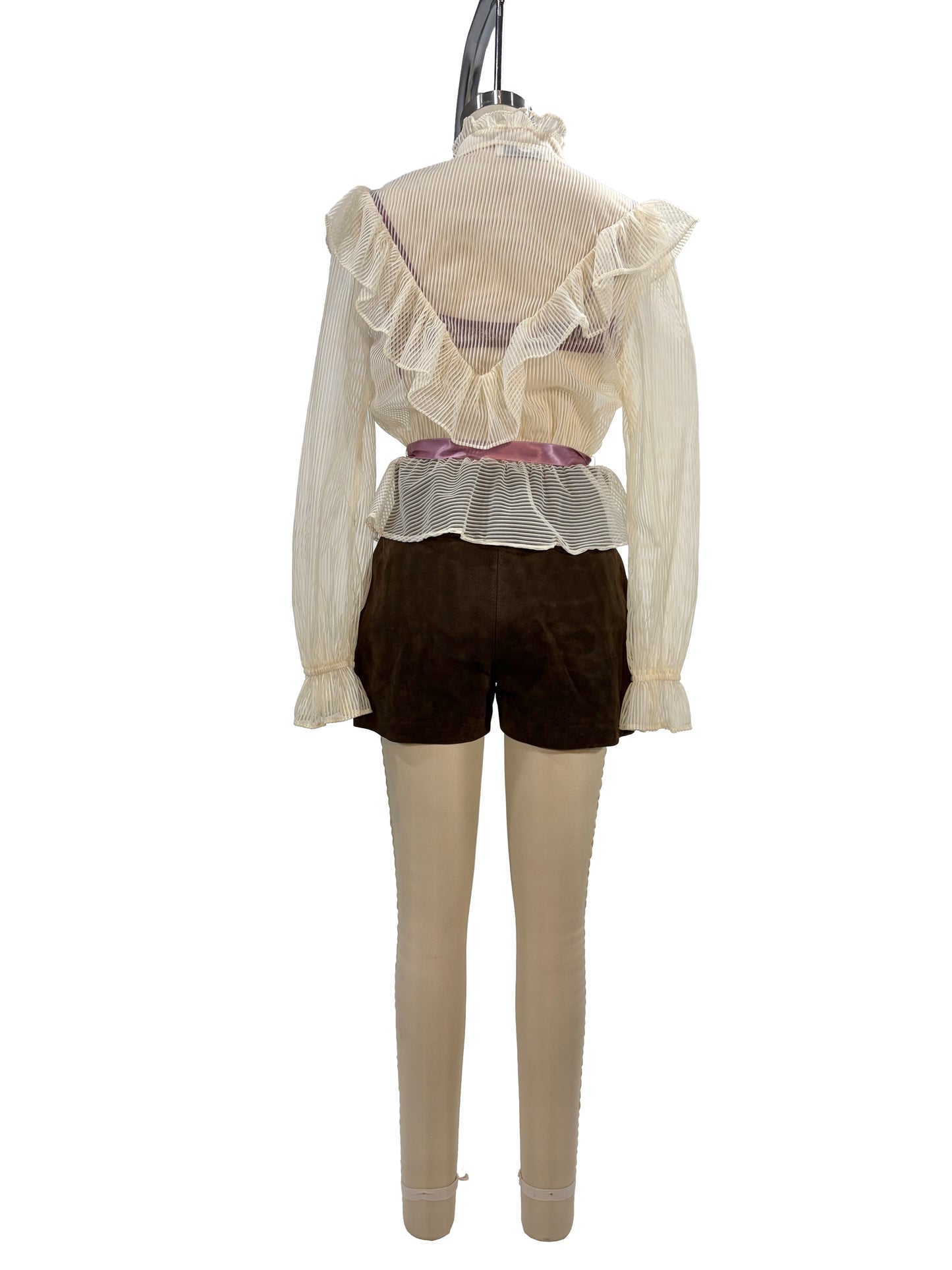 1970s Sheer Stripe Peplum Pearl Ruffle Button Blouse