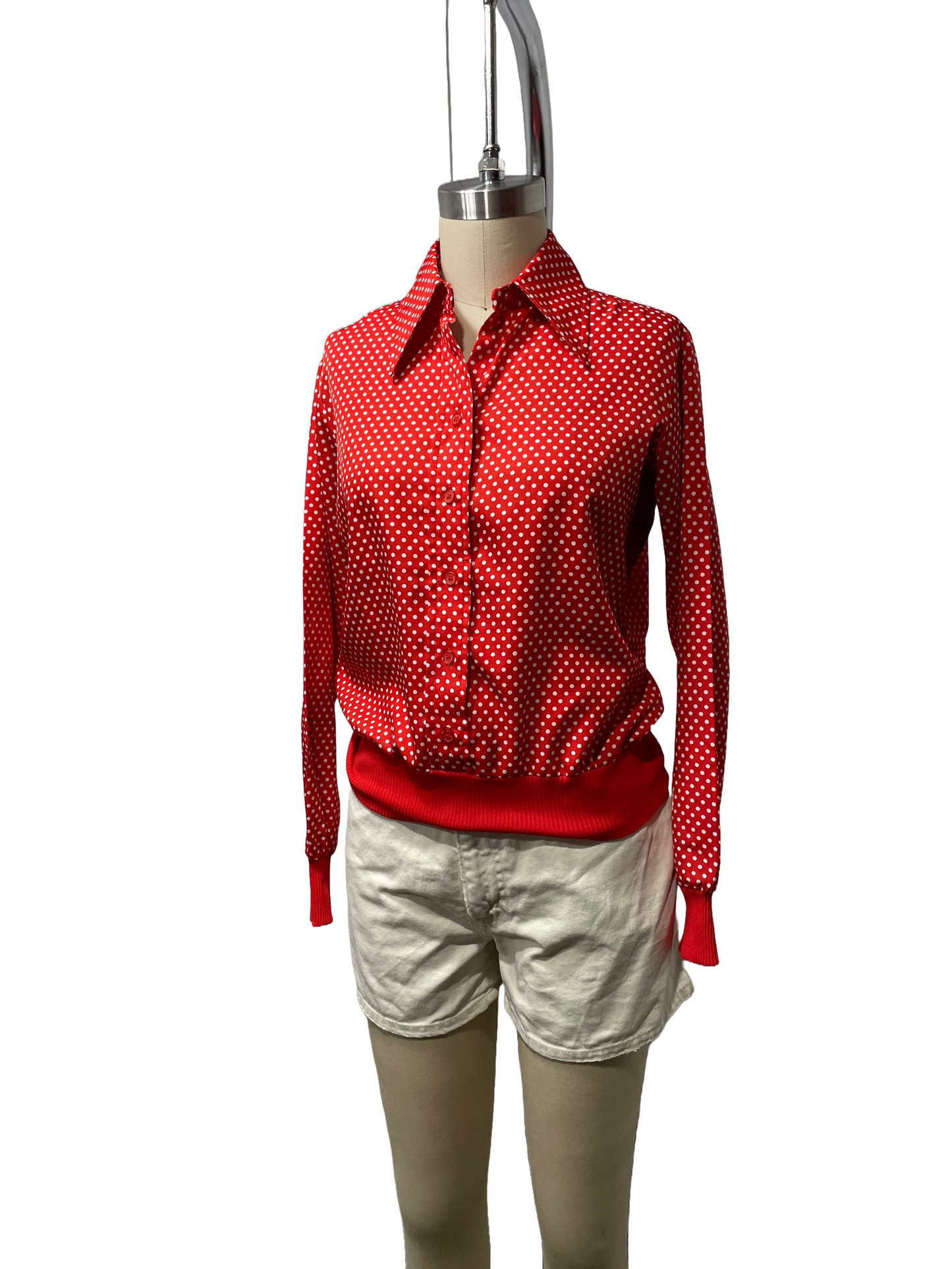 1970s Red Polkadot Poly Banded Blouse