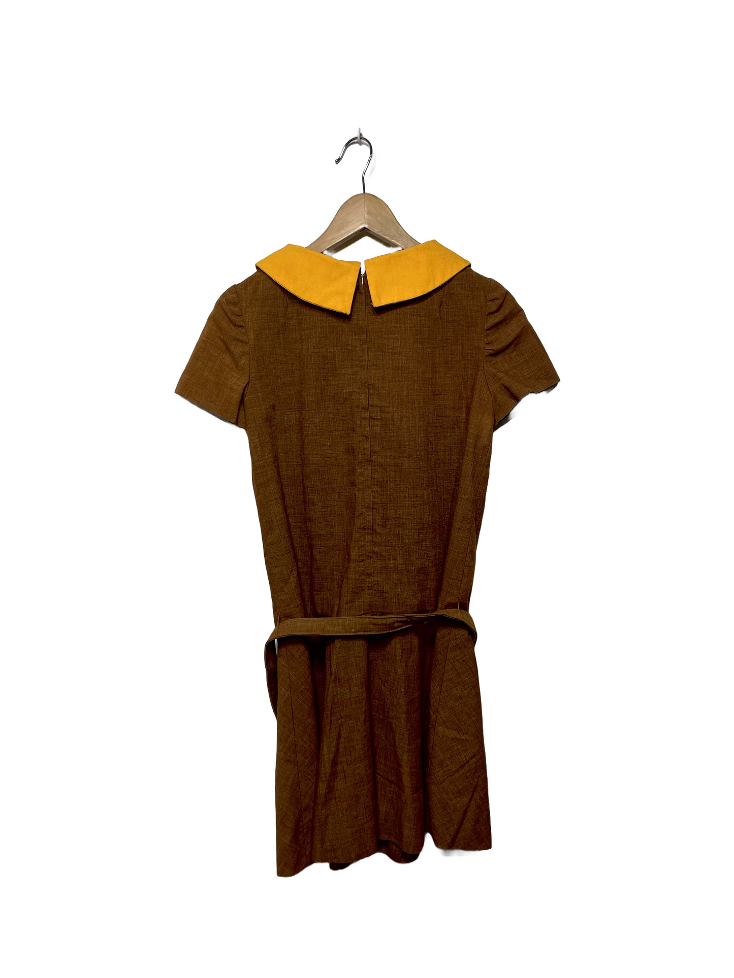 1970s Brown Yellow Mod Dagger Collar Belted Scooter Dress