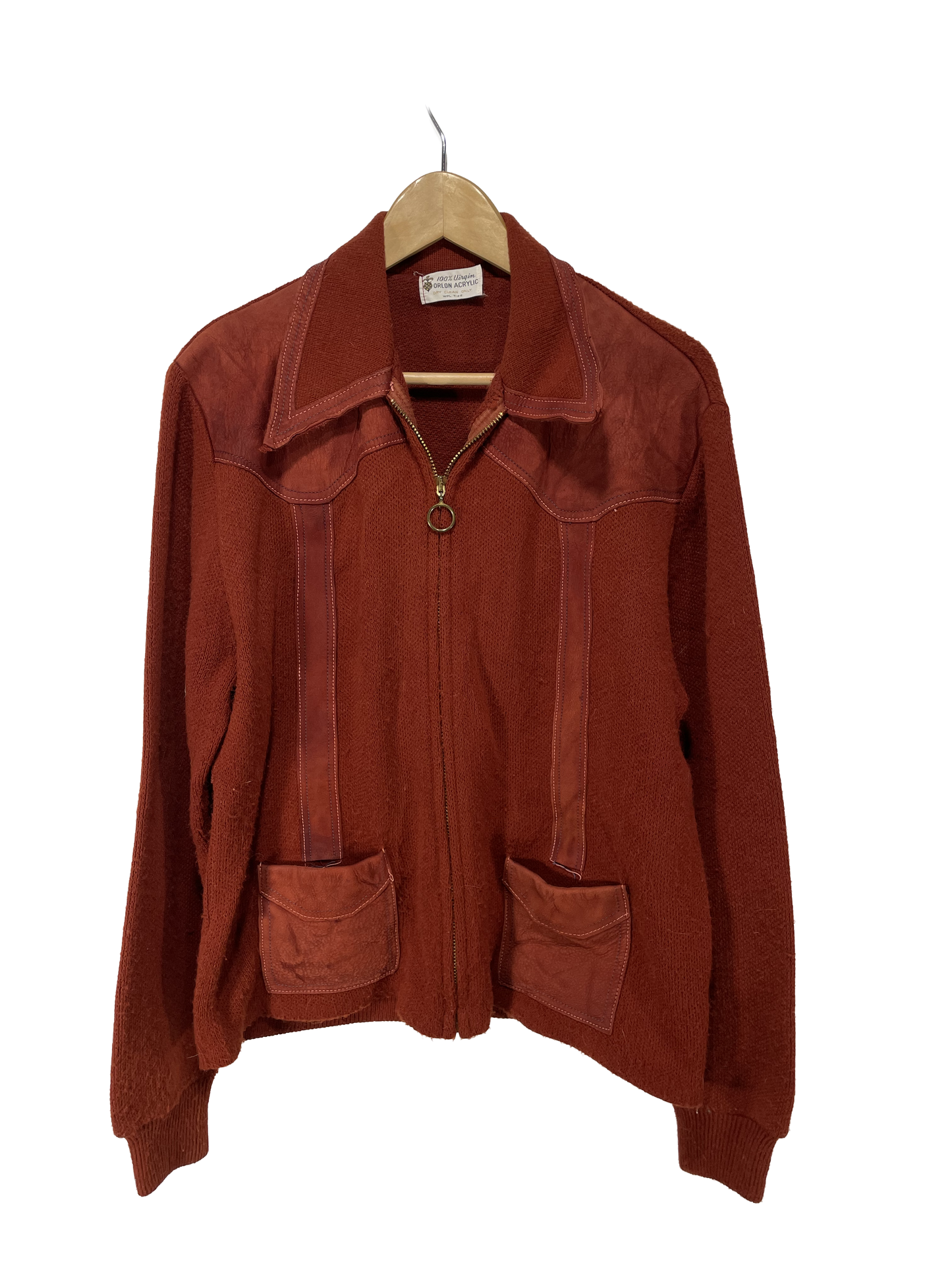 1960s Burgundy Suede Panels O-Ring Front Zip Orlon Acrylic Men’s Cardigan / Size M