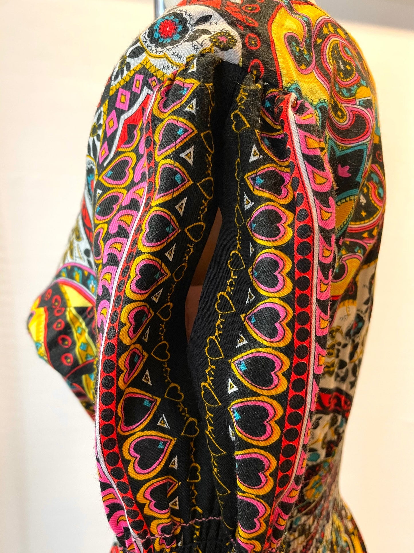 1960s Bold Paisley Slit Sleeves Smocked Peasant Maxi Dress