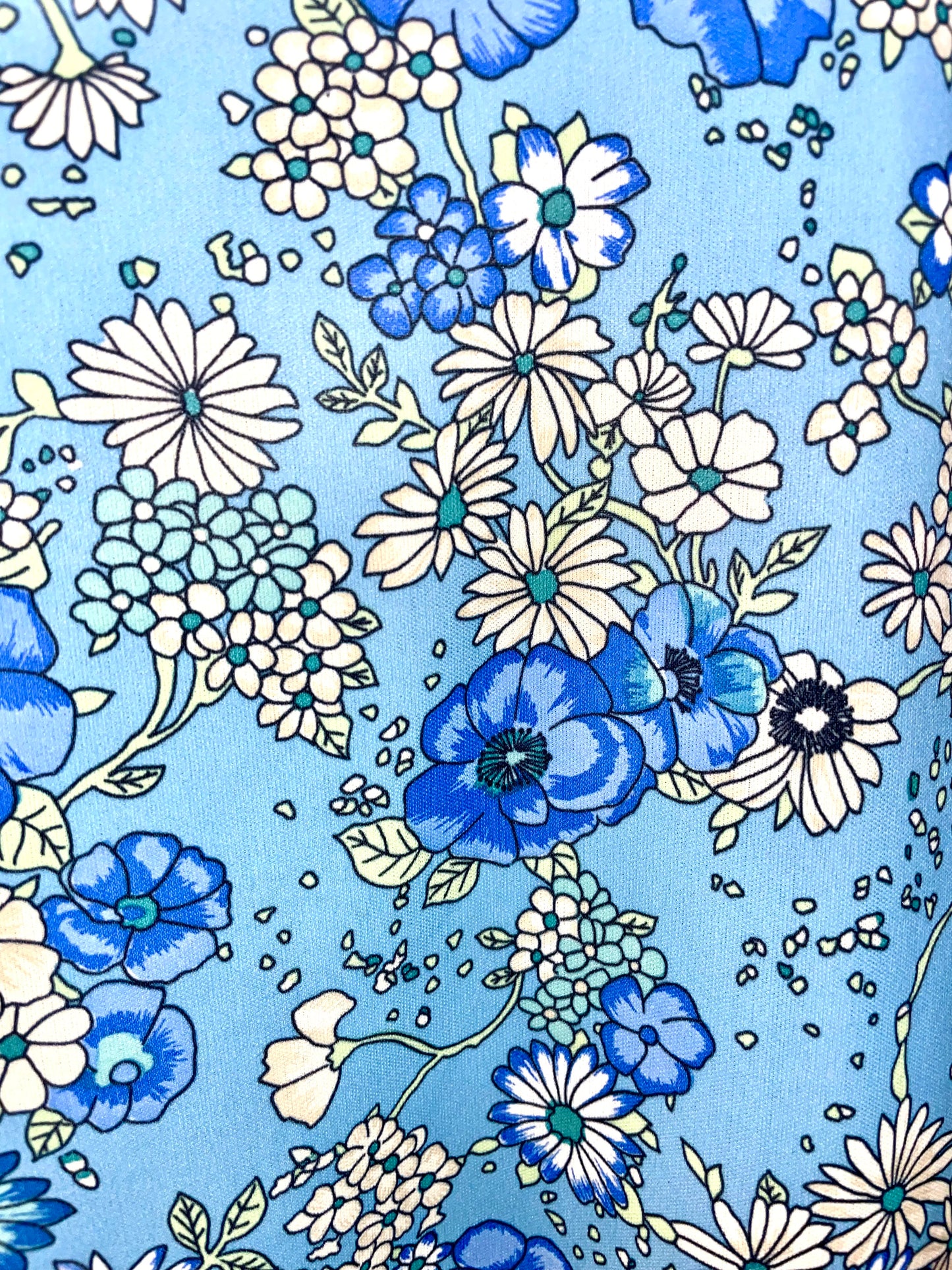 1970s Blue Floral Stretch Poly Fitted Blouse