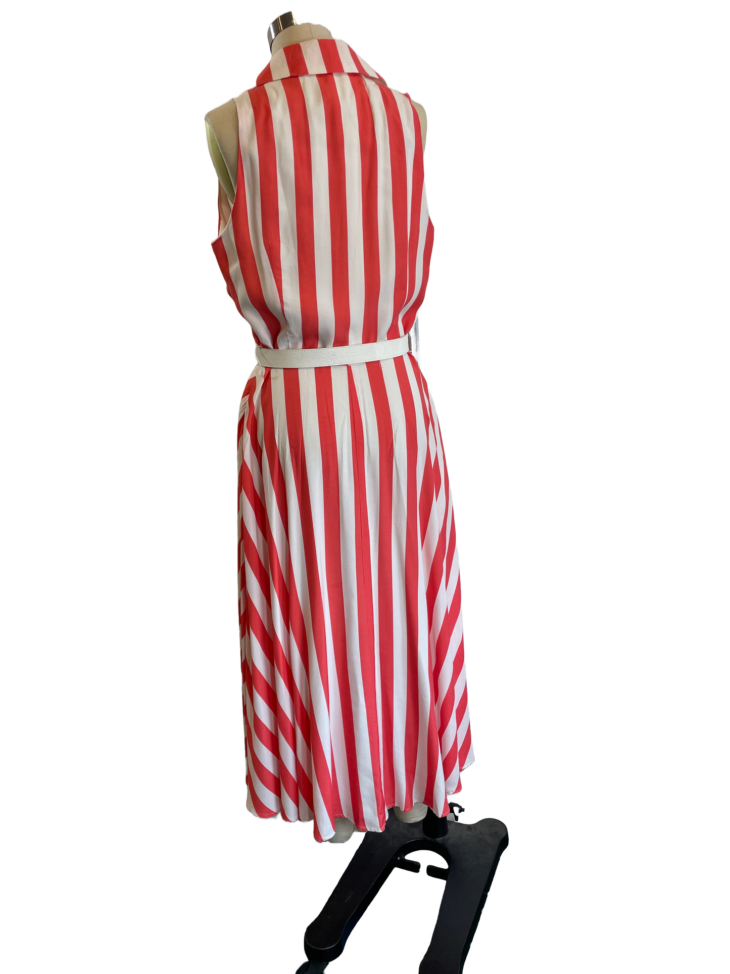 1980s-does-1950s White Salmon Stripe Rayon Belted Sleeveless Dress