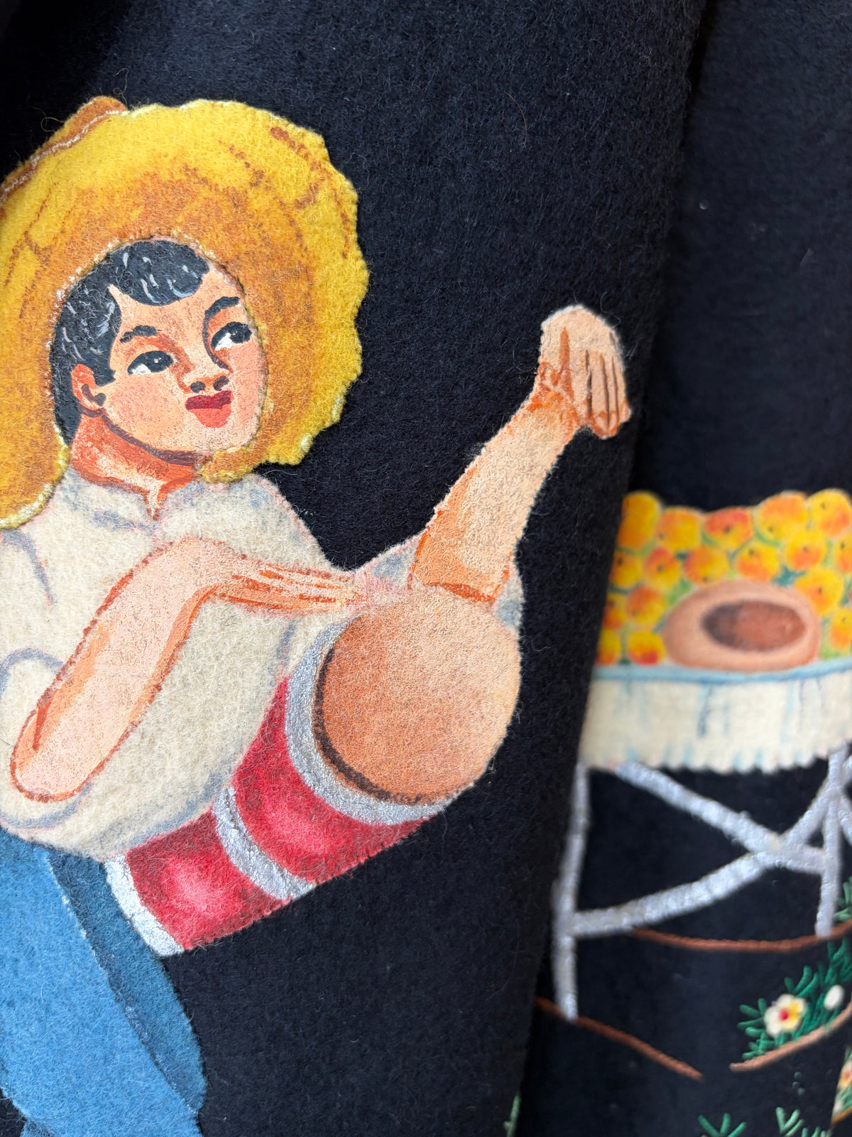 1950s Black Wool Felt Mexican Souvenir Painted Applique Skirt