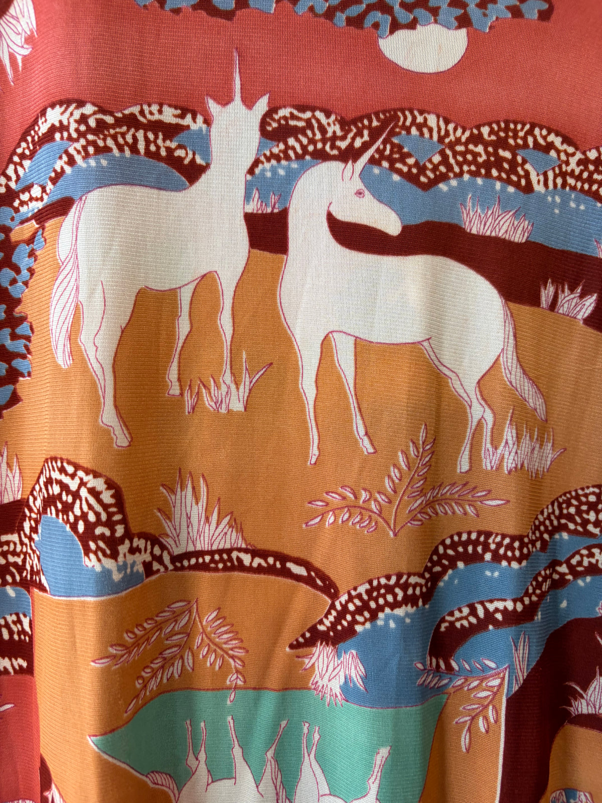 1970s Copper Tones Unicorn Print Nylon Leisure Men’s Shirt