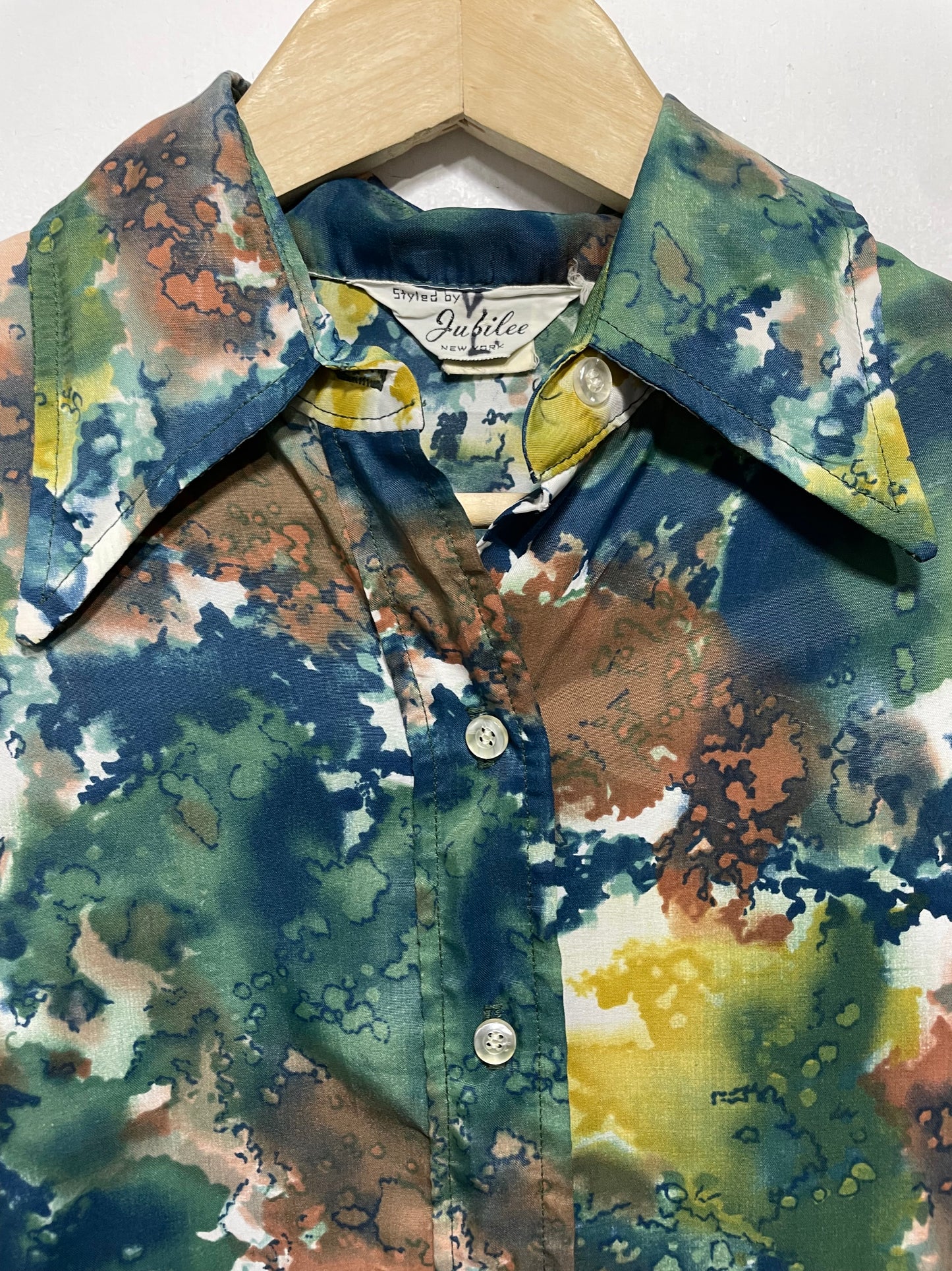 1970s Watercolor Print Poly Long Sleeve Shirt