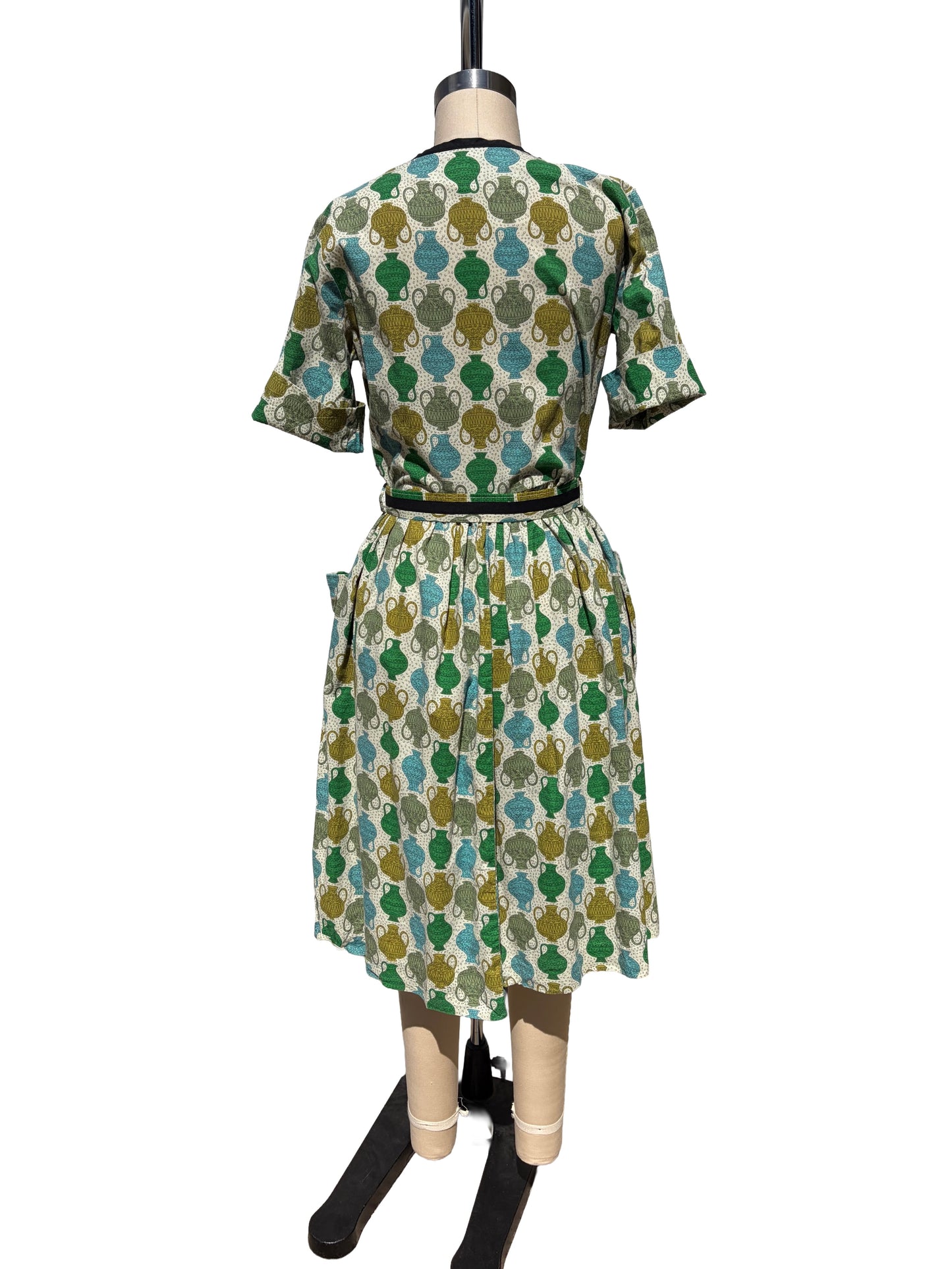 1950s Blue Green Vases Novelty Print Belted Day Dress