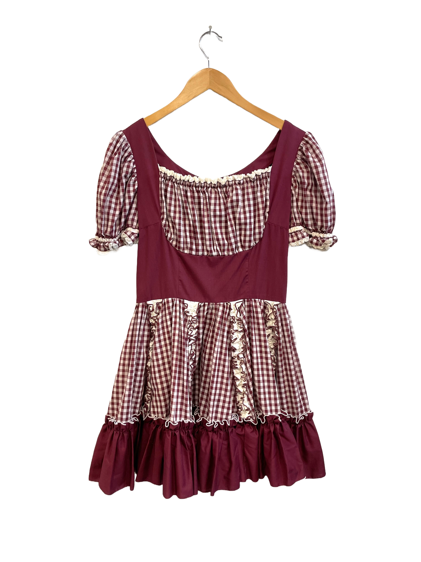 1970s Maroon Check Milkmaid Square Dance Mini Dress