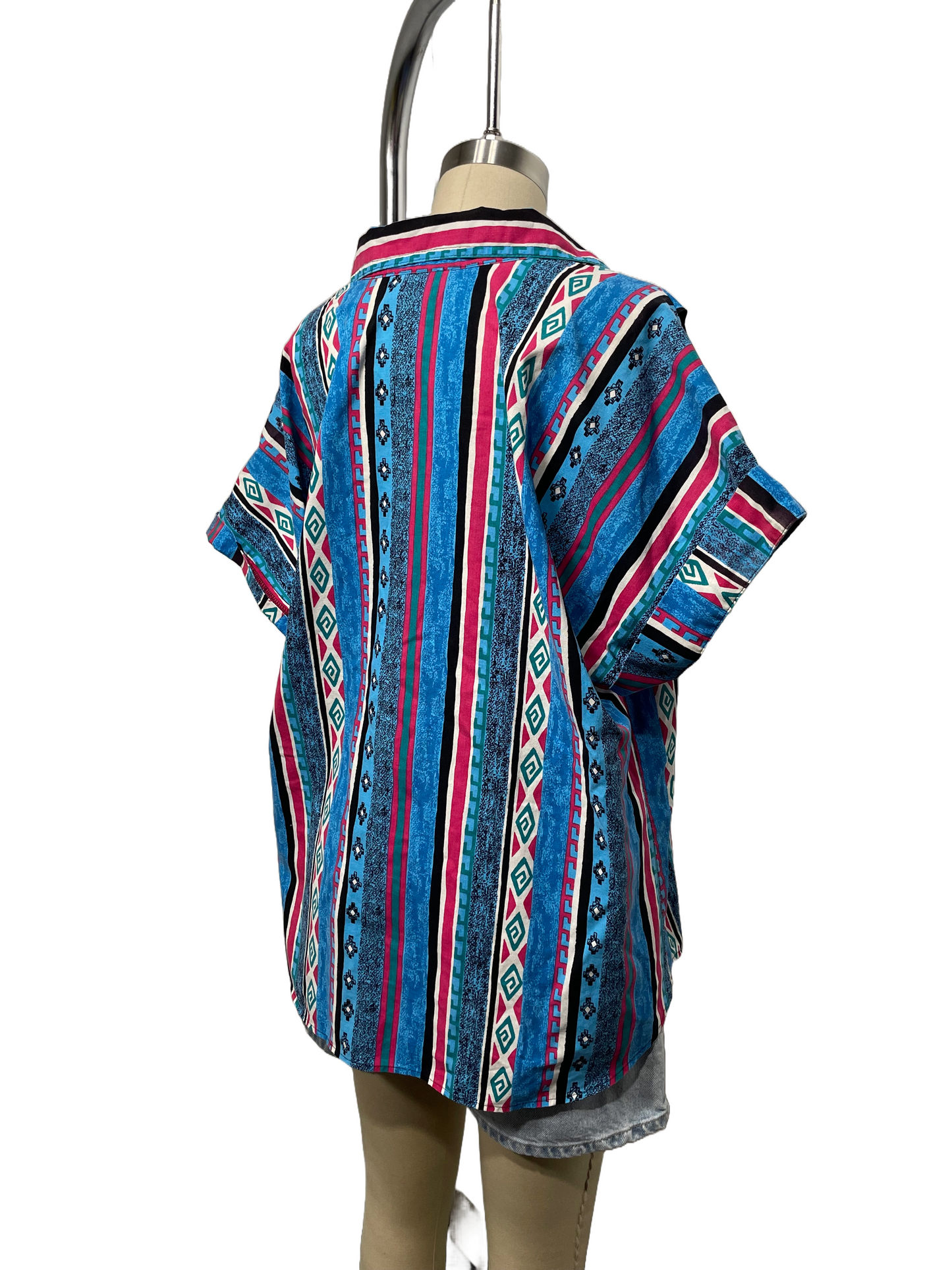 1980s Blue Pink Western Print Cotton Blouse
