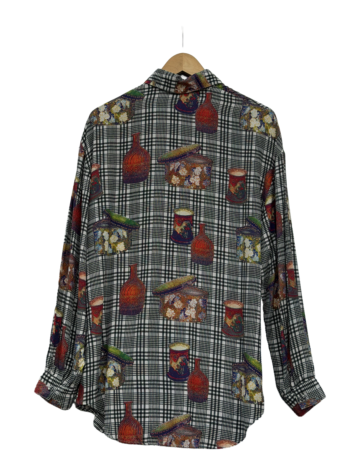 1990s Silk-Rayon White Black Plaid Novelty Bottles & Tins Print Blouse