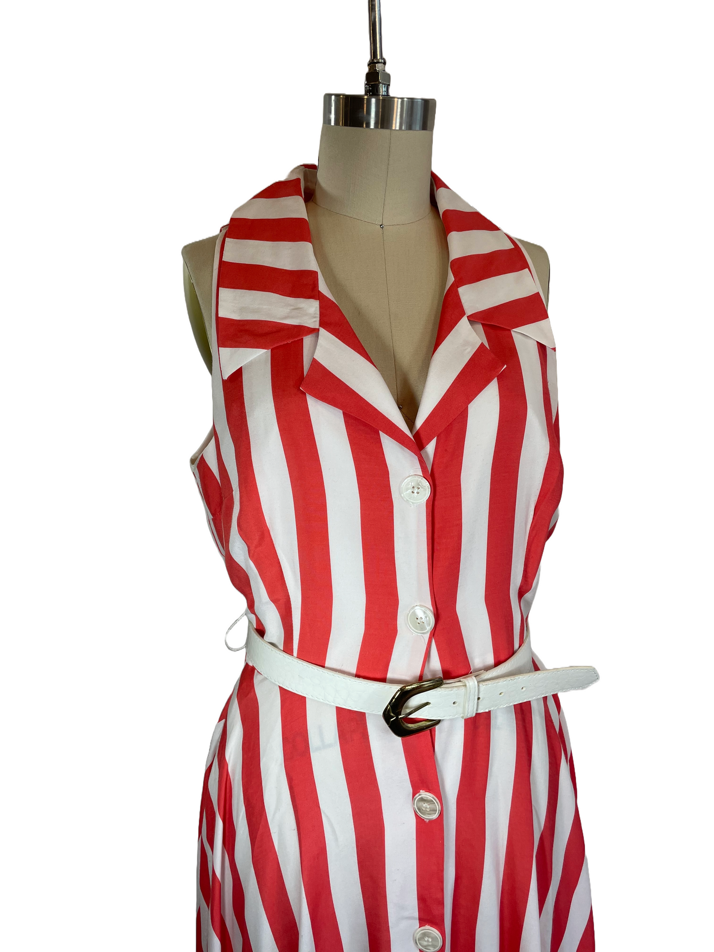 1980s-does-1950s White Salmon Stripe Rayon Belted Sleeveless Dress