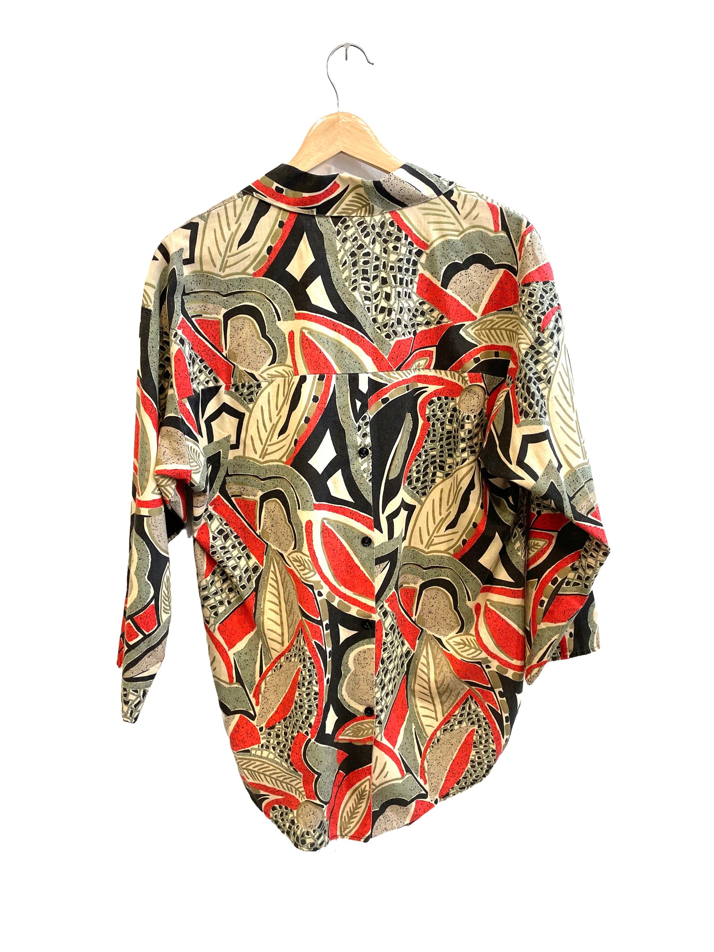 1980s Tropical Foliage Block Print Back Button Cotton Top