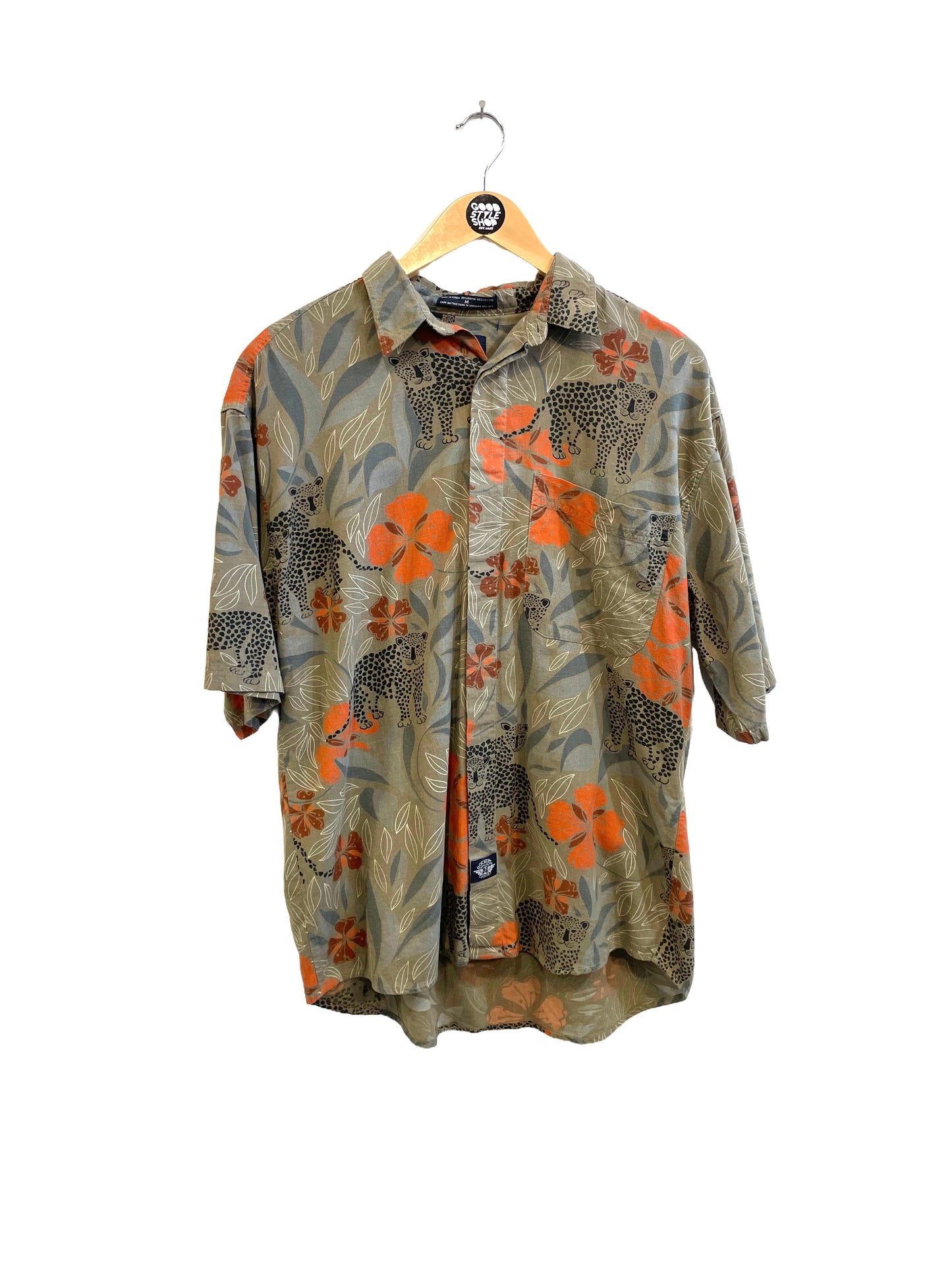 1990s Brown Rich Color Jungle Plants Leopard Rayon-Cotton Shirt