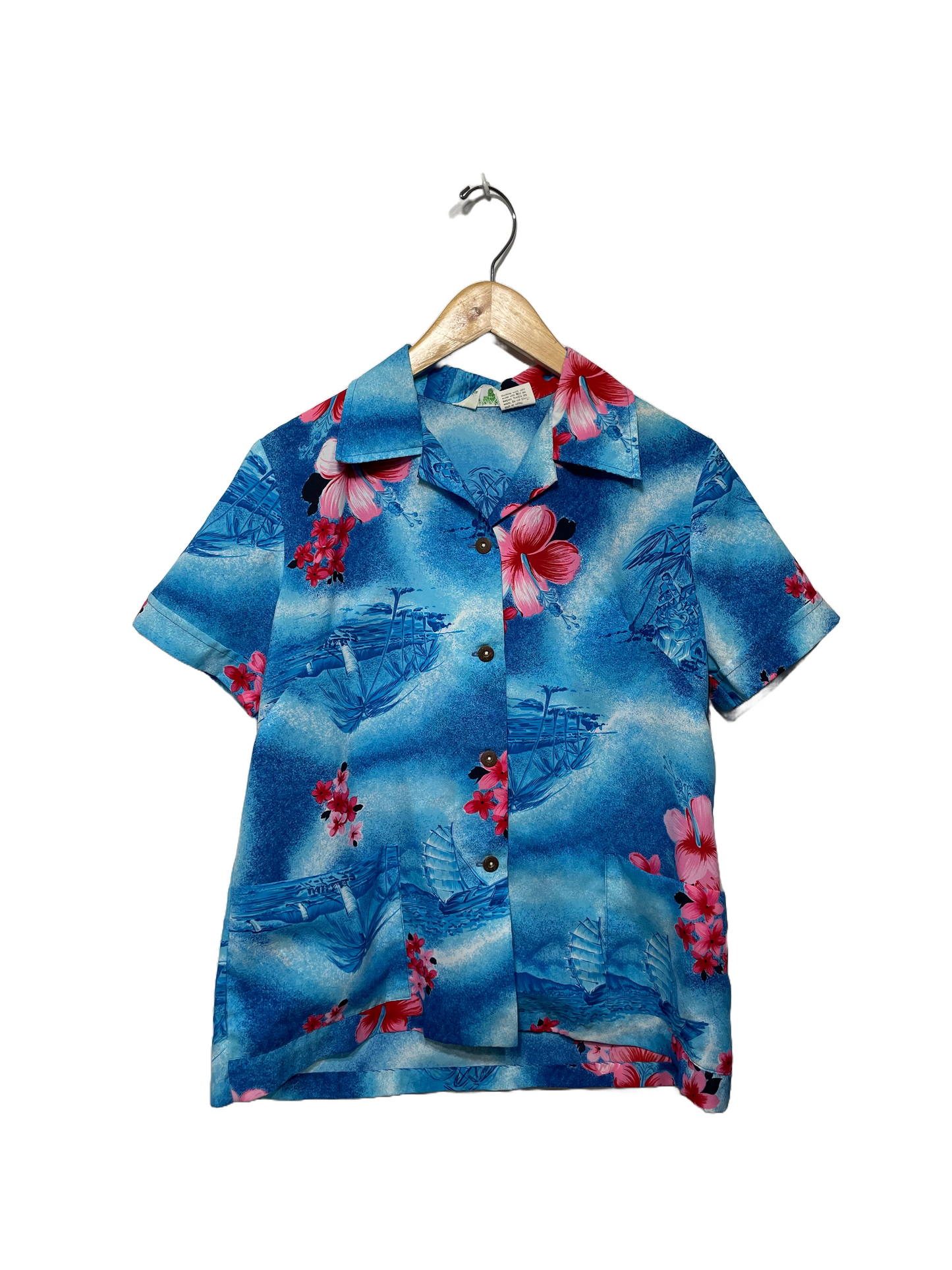 1970s Blue Hawaiian Floral Poly Pocket Hem Blouse