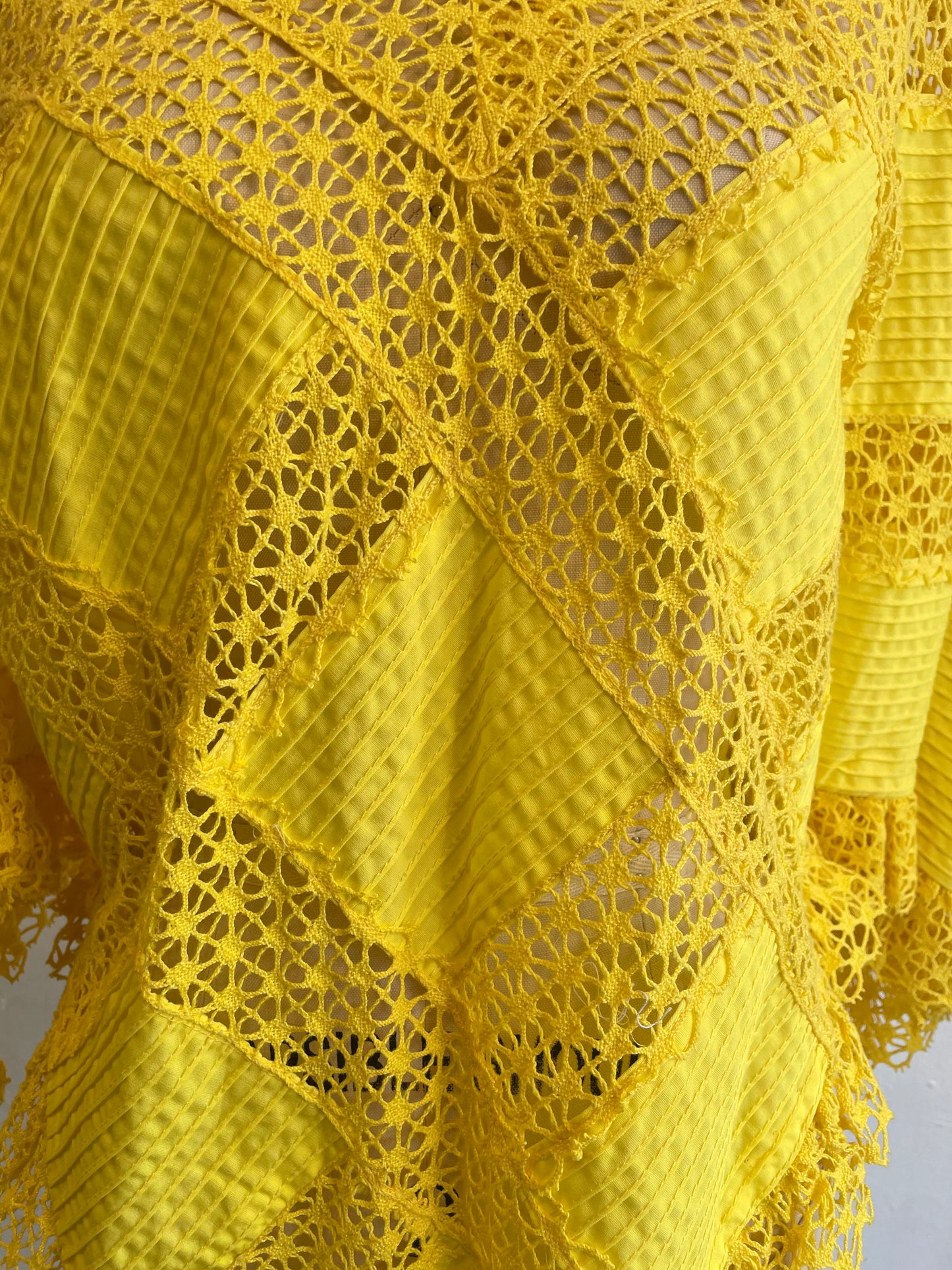 1960s Yellow Cotton Pintuck Crochet Panels 2 Piece Poncho Pants Set