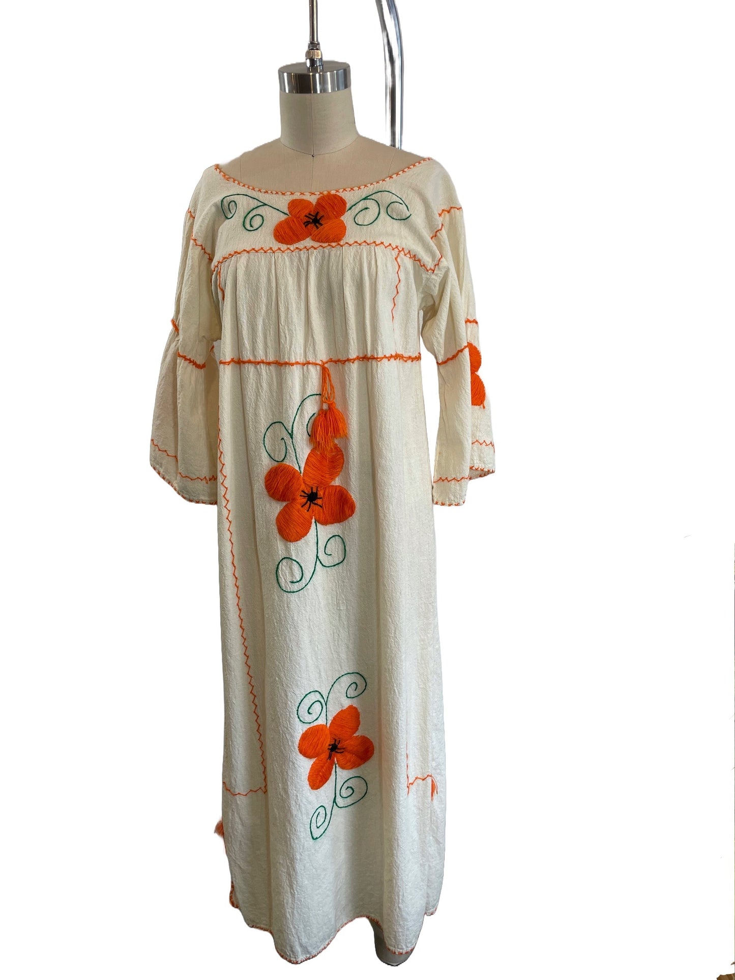1970s Ecru Embroidered Orange Flower Tunic Dress
