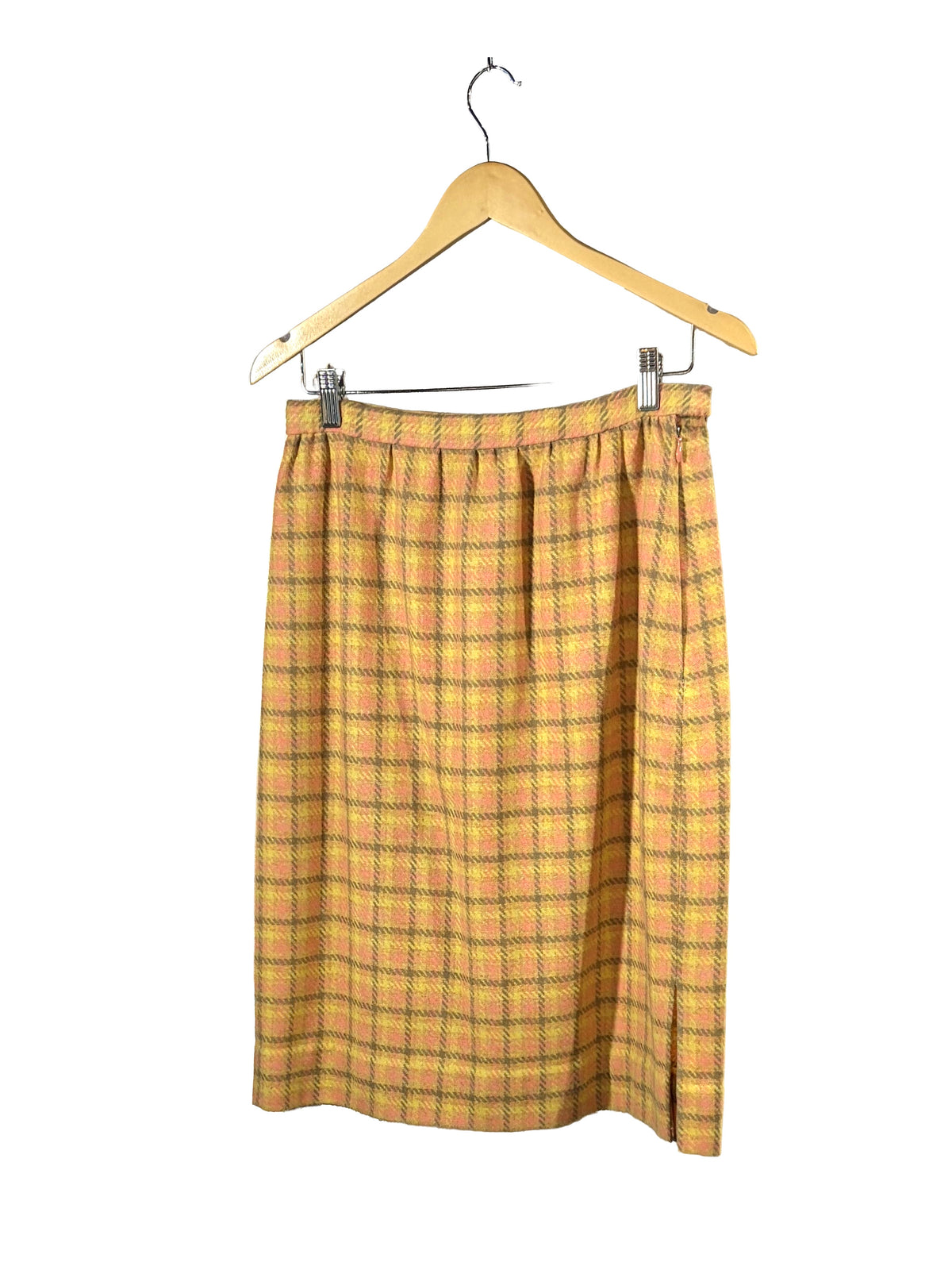 1960s Pink Sugar Cookie Plaid Wool Fringe Poncho Skirt Set