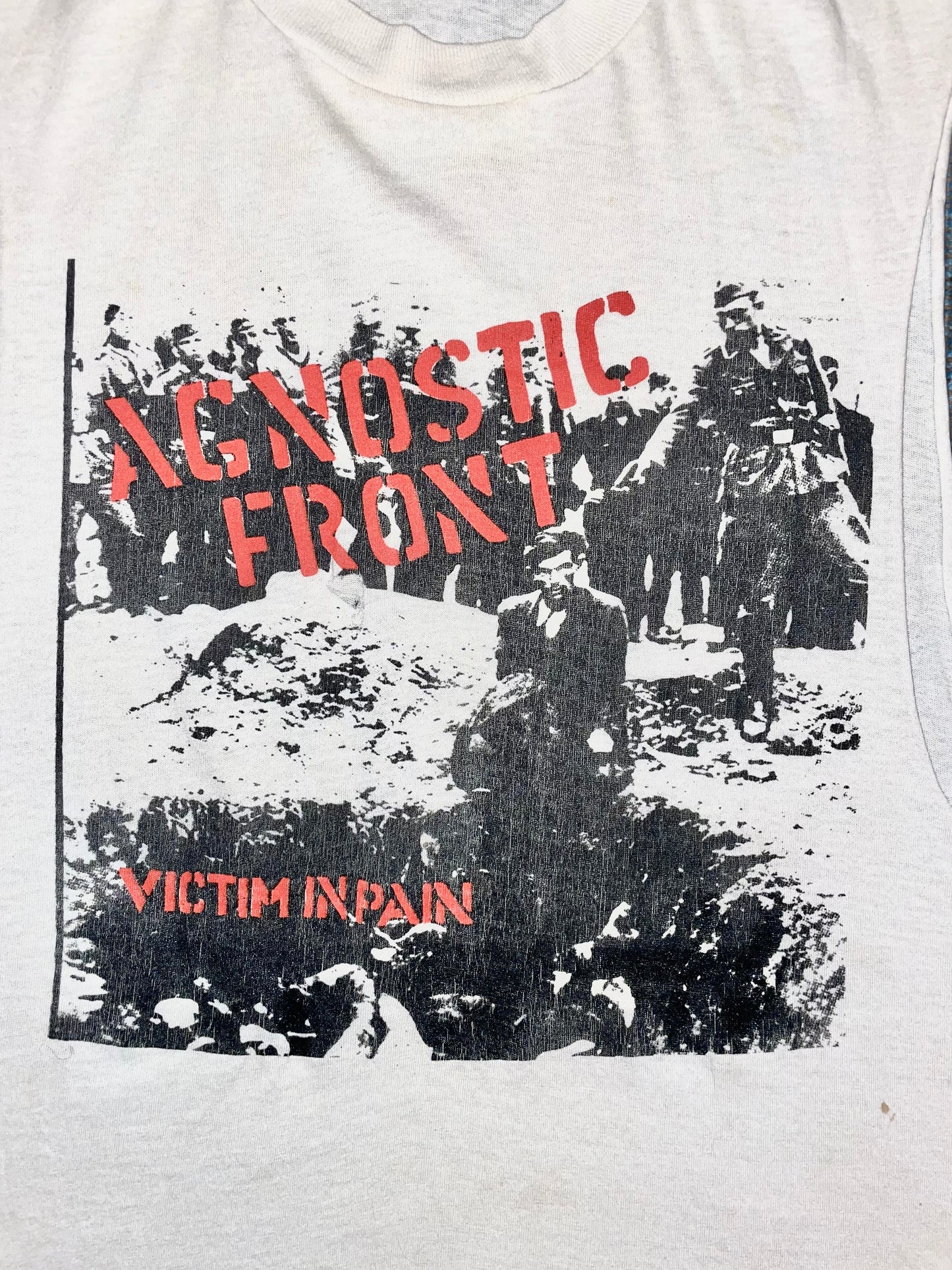 Agonstic Front "Victim In Pain" ca. 1980s White Cut-off Sleeves NY Hardcore Vintage T-Shirt