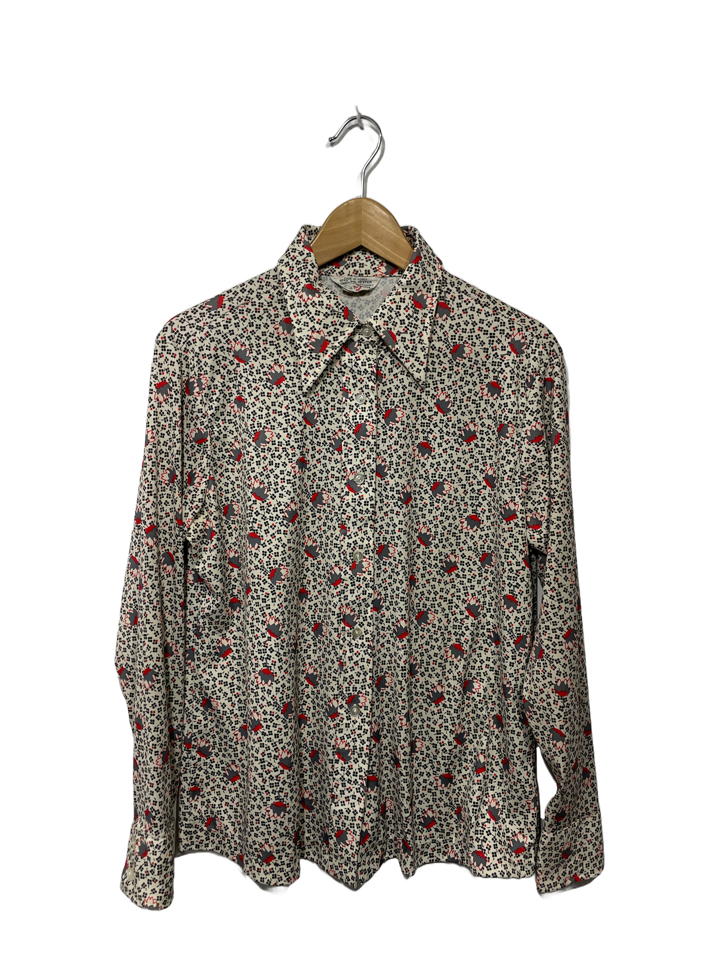 1970s Taupe Geo Confetti Stretch Poly Blouse