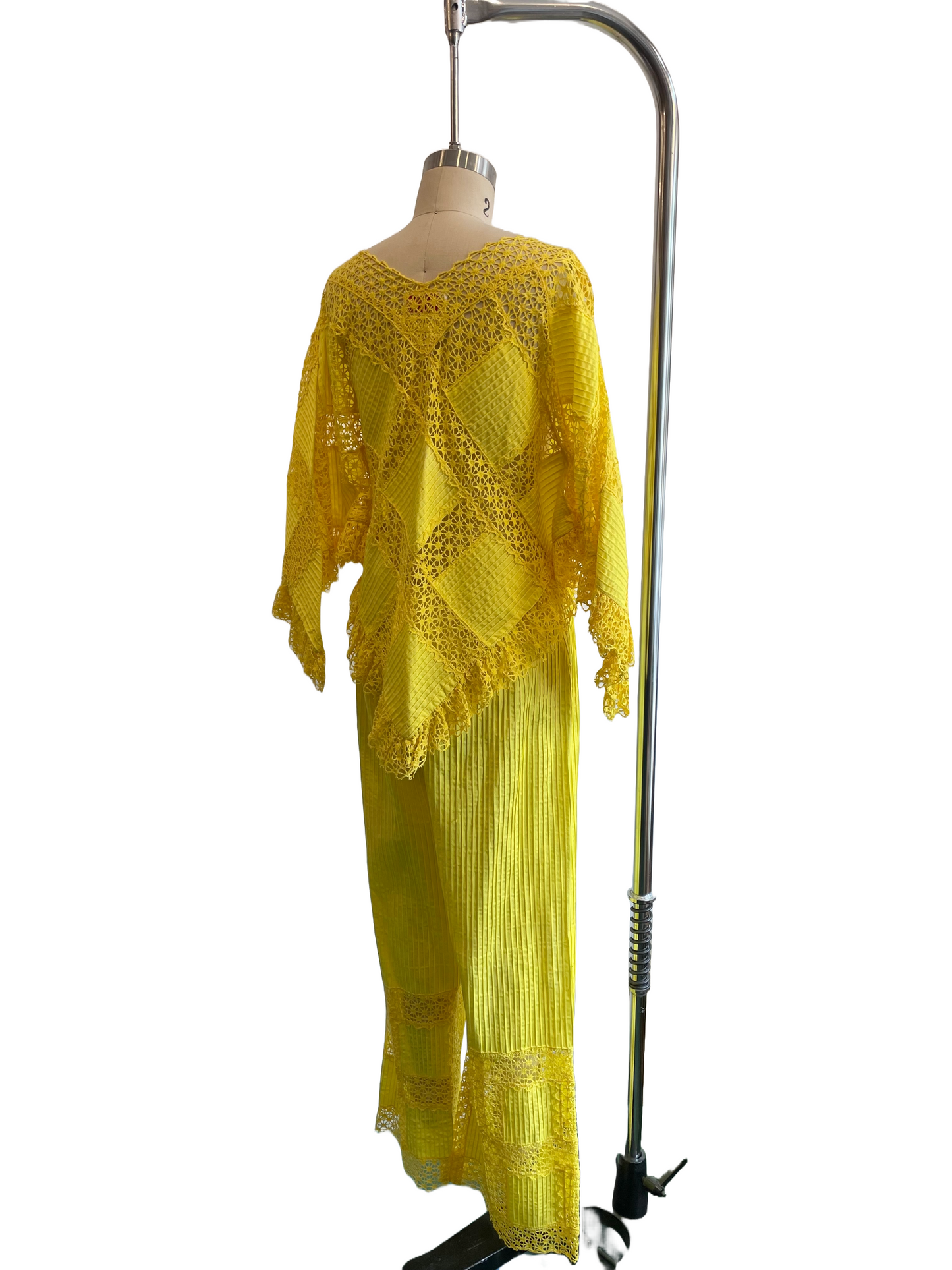 1960s Yellow Cotton Pintuck Crochet Panels 2 Piece Poncho Pants Set