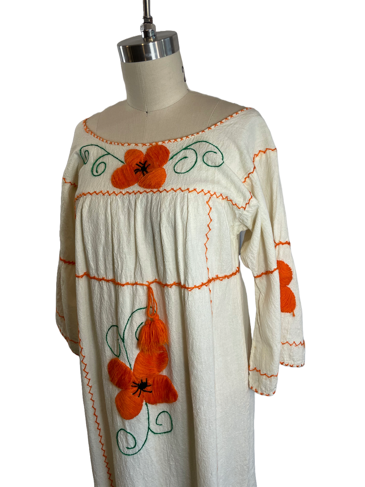 1970s Ecru Embroidered Orange Flower Tunic Dress