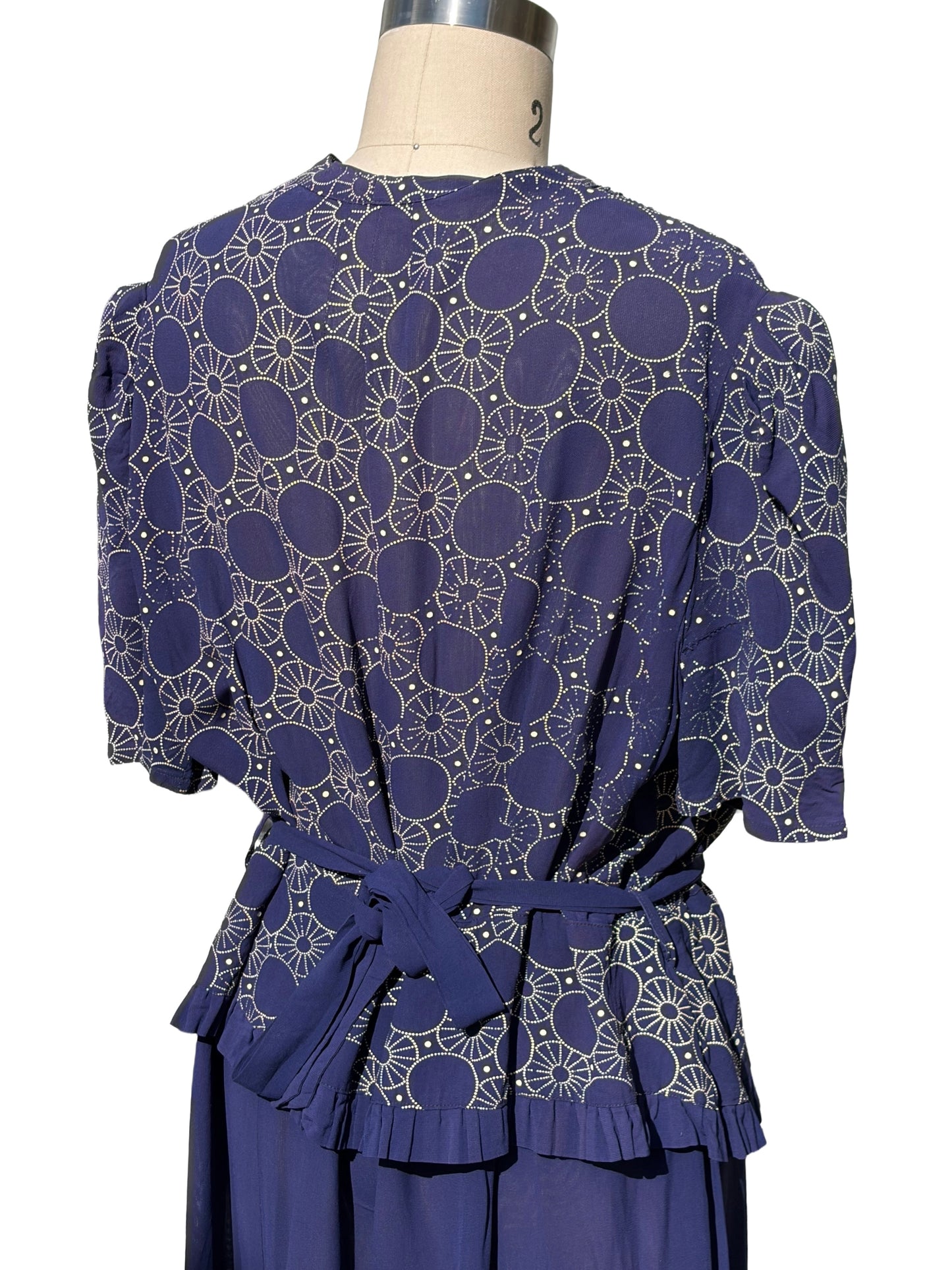 1940s Navy Rayon Circles Print Peplum Sash Belt Dress