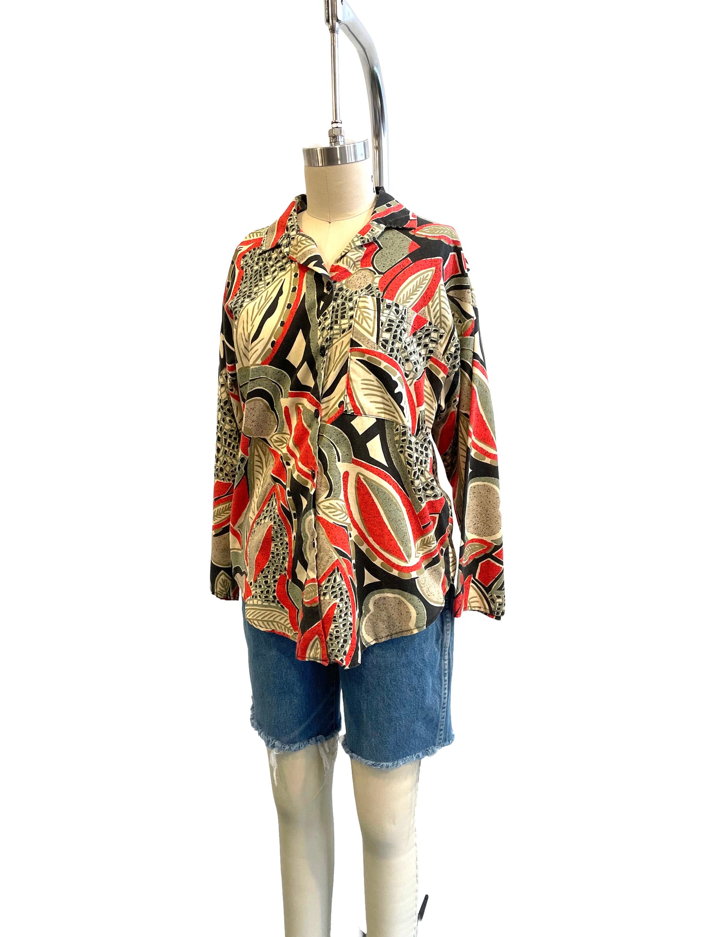 1980s Tropical Foliage Block Print Back Button Cotton Top