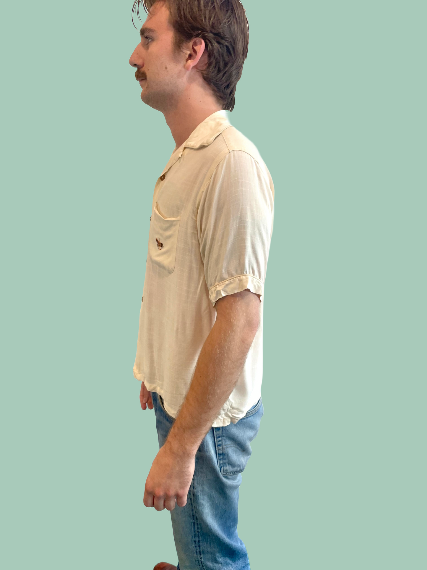 1950s Cream Rayon Loop Collar Equine Emblem Shirt