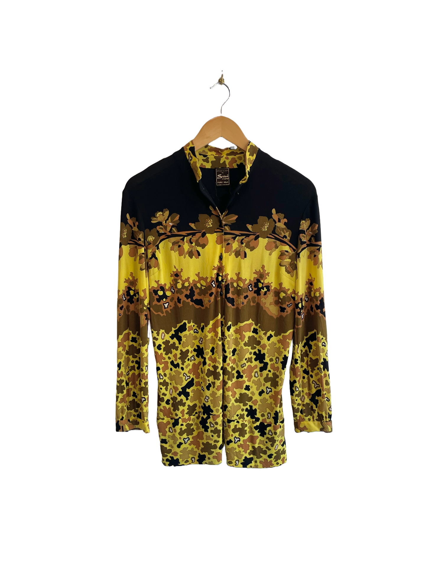 1970s Black Yellow Amber Mustard Silk Abstract and Floral 'Swan' Nehru Collar Blouse