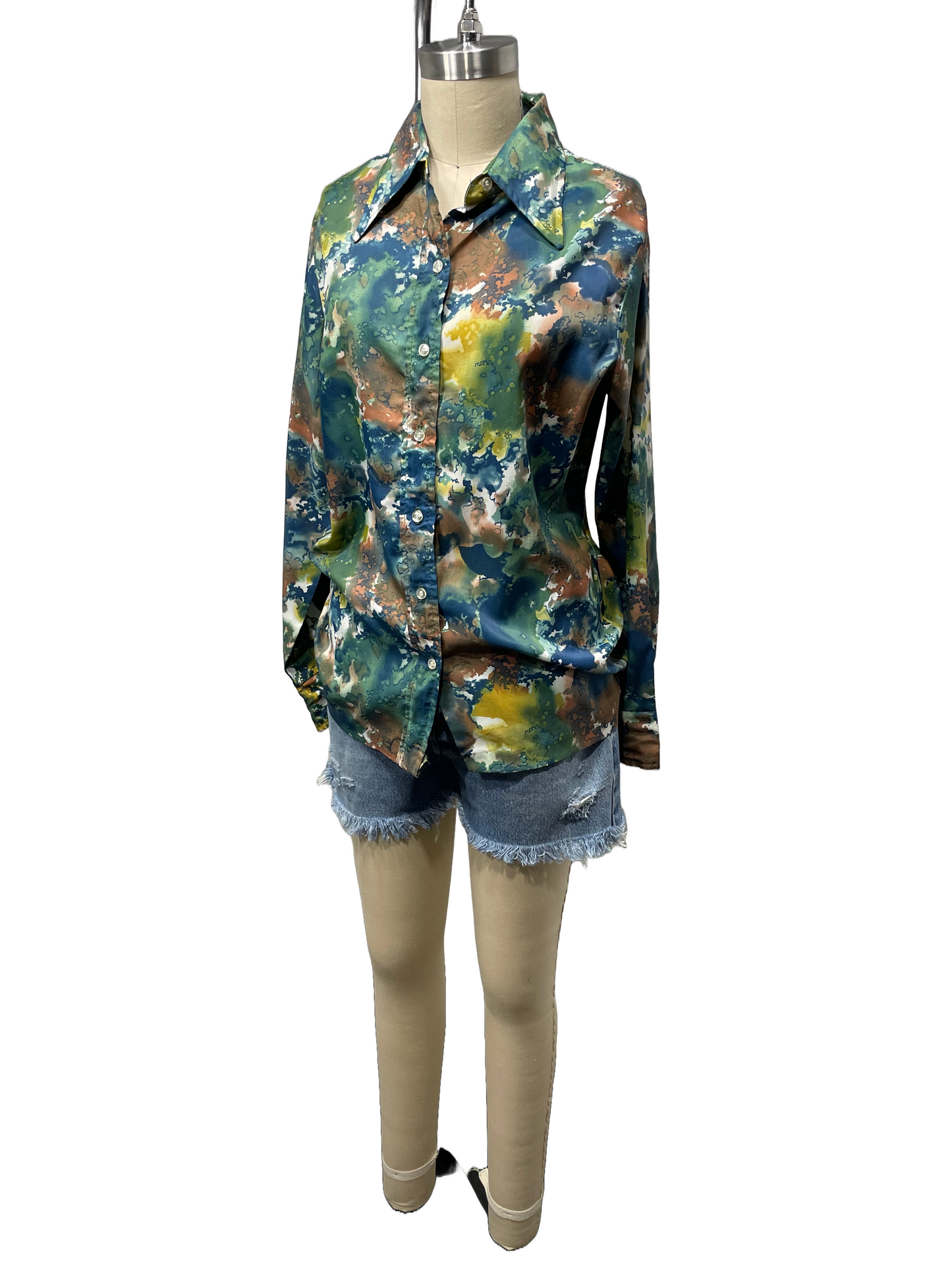 1970s Watercolor Print Poly Long Sleeve Shirt