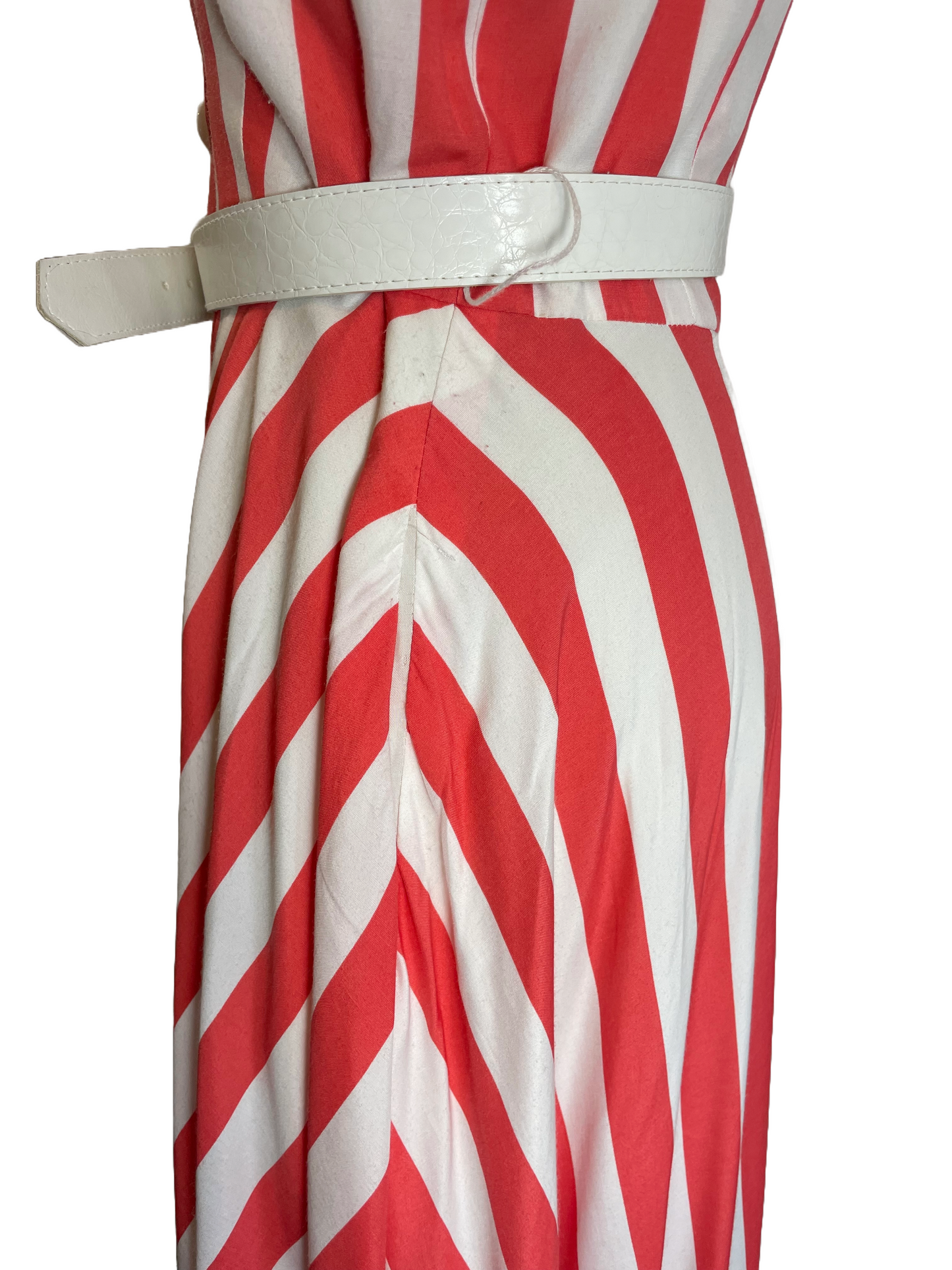 1980s-does-1950s White Salmon Stripe Rayon Belted Sleeveless Dress