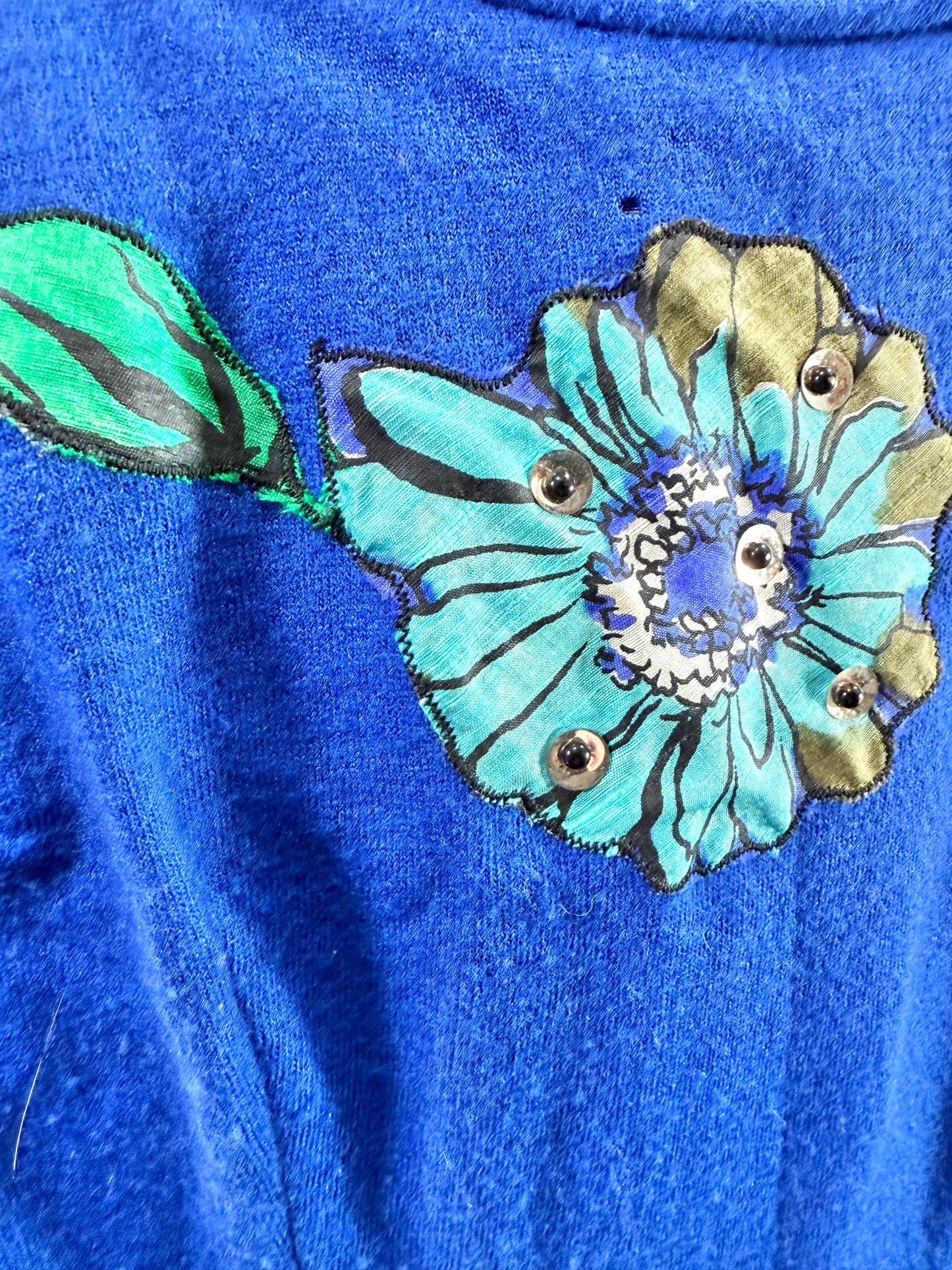 1950s Blue Green Floral Appliqué Wool Silk Dress