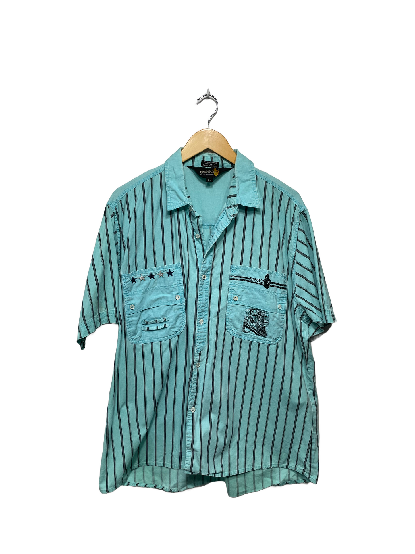 1980s Aqua Grey Vertical Stripe Cotton Pocket Detail Boxy Sasson Shirt