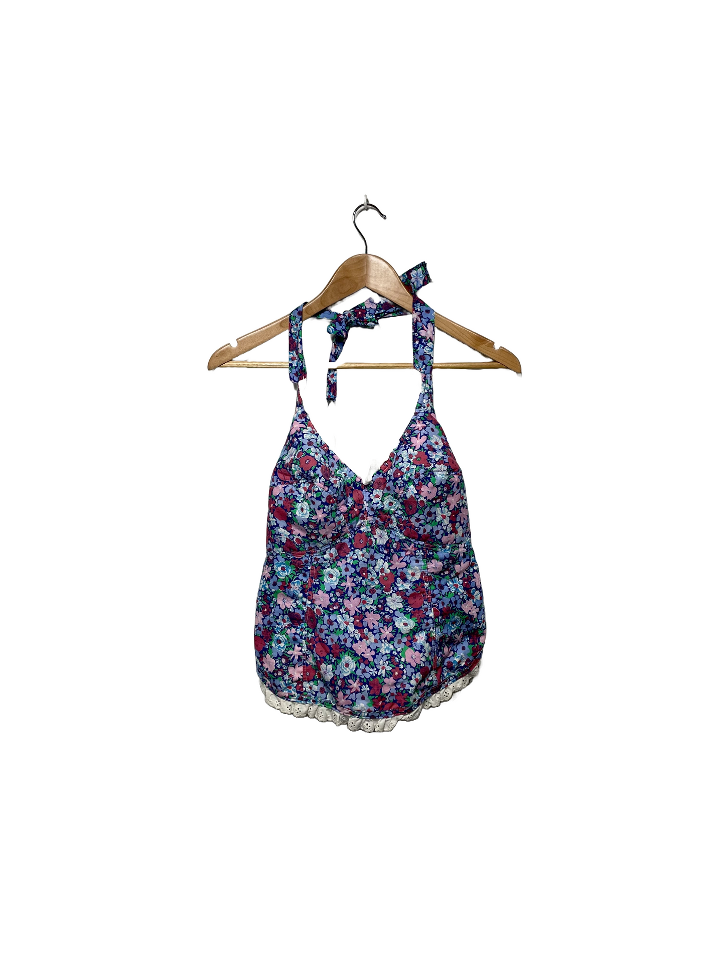 1980s Does 1950s Blue Pink Floral Eyelet Ruffle Trim Halter Top