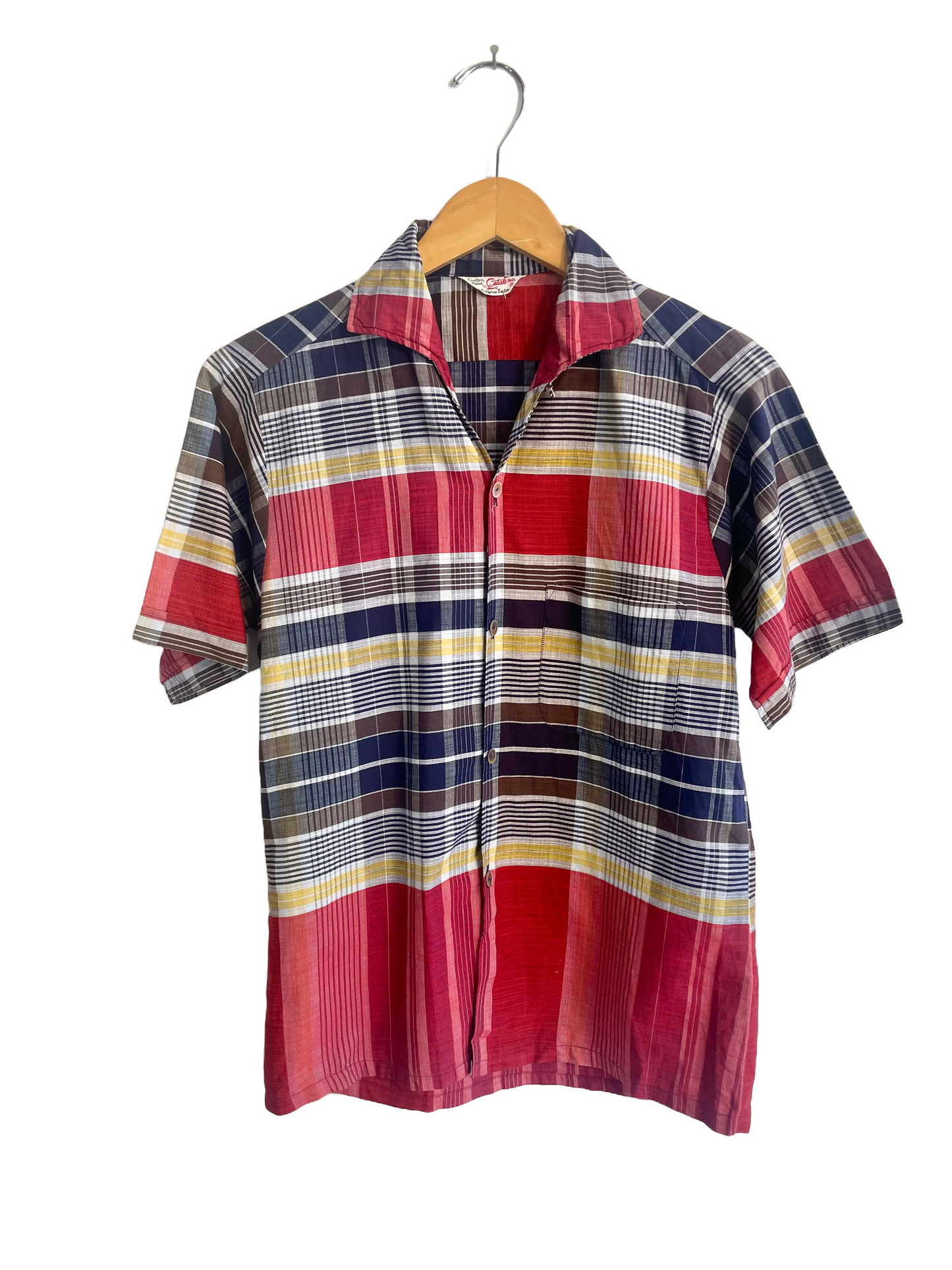1950s Catalina Maroon Madras Loop Collar Shirt