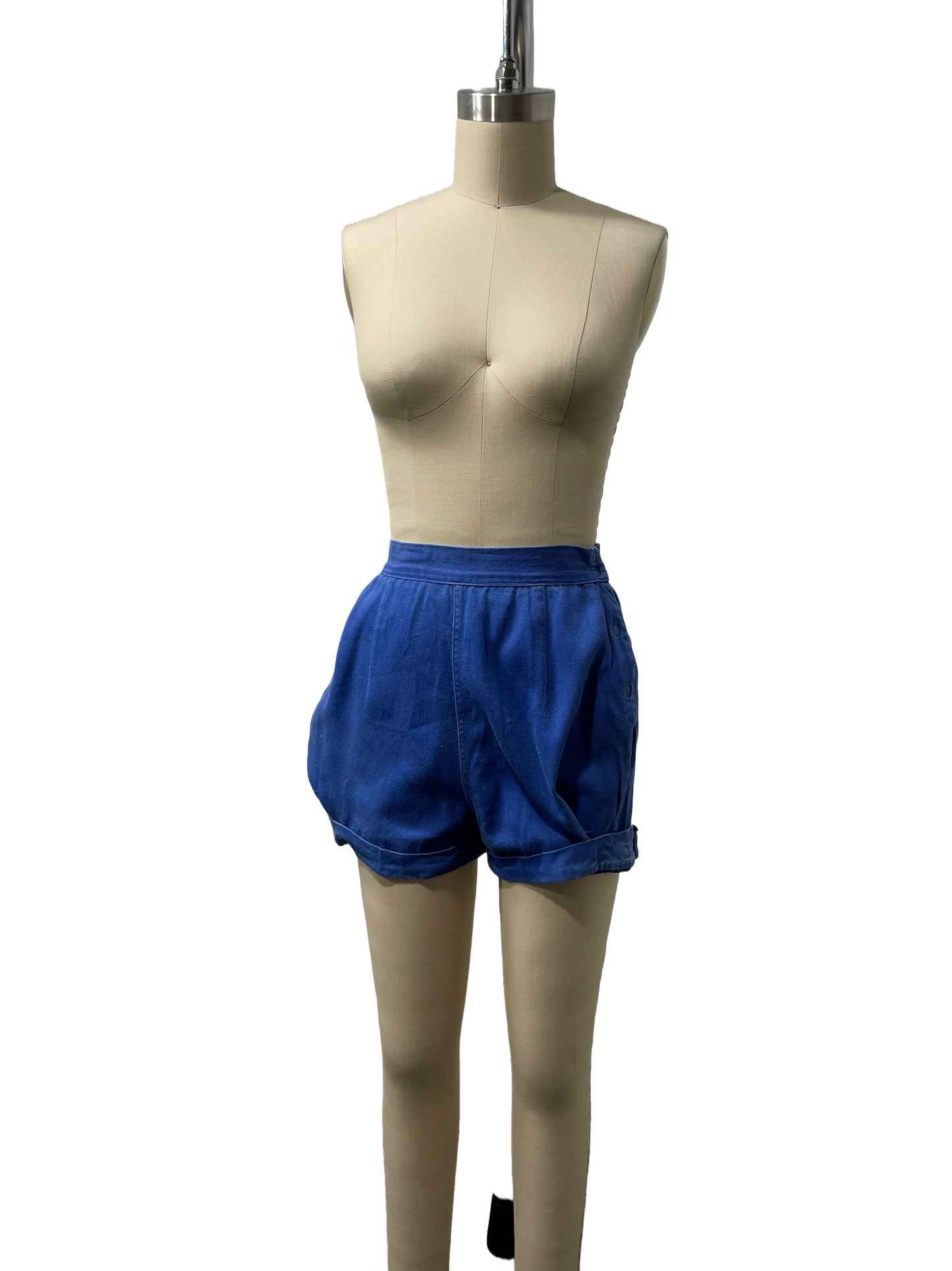 1950s Blue Cotton Twill Adjustable Snap Sport Shorts